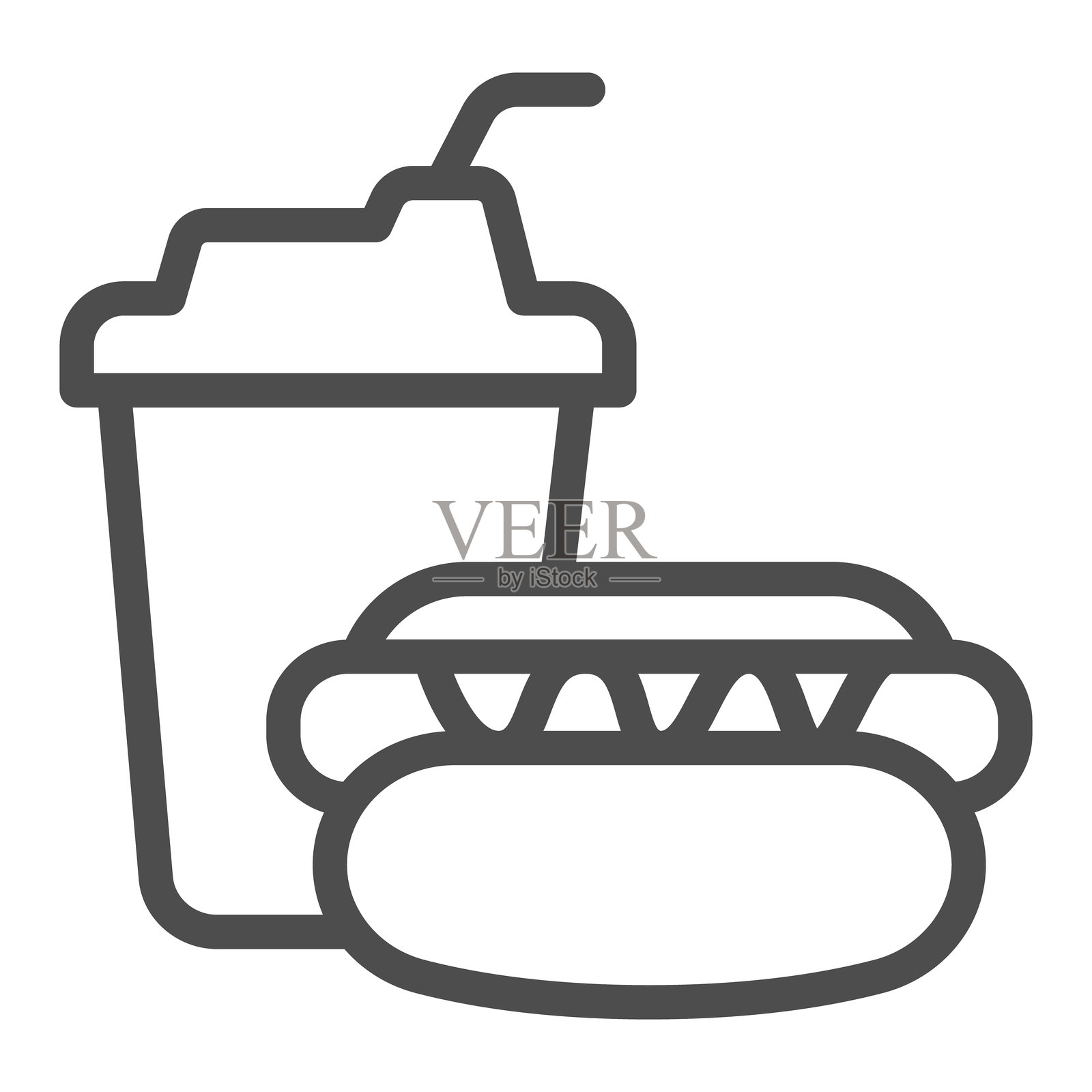 热狗纸杯线条图标，快餐概念。矢量图形。面团中的香肠和饮料杯标志，白色背景上的轮廓风格图标，适用于移动或网页设计。插画图片素材