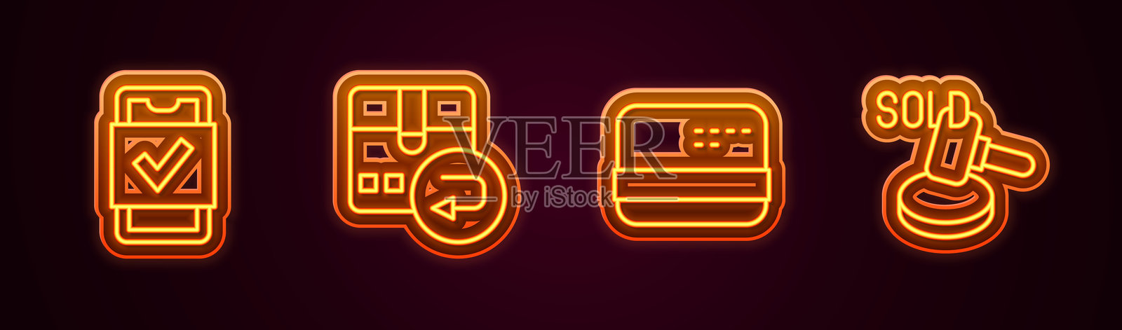 移动购物设置线，退回纸箱，信用卡和拍卖锤。发光霓虹图标。矢量图。插画图片素材