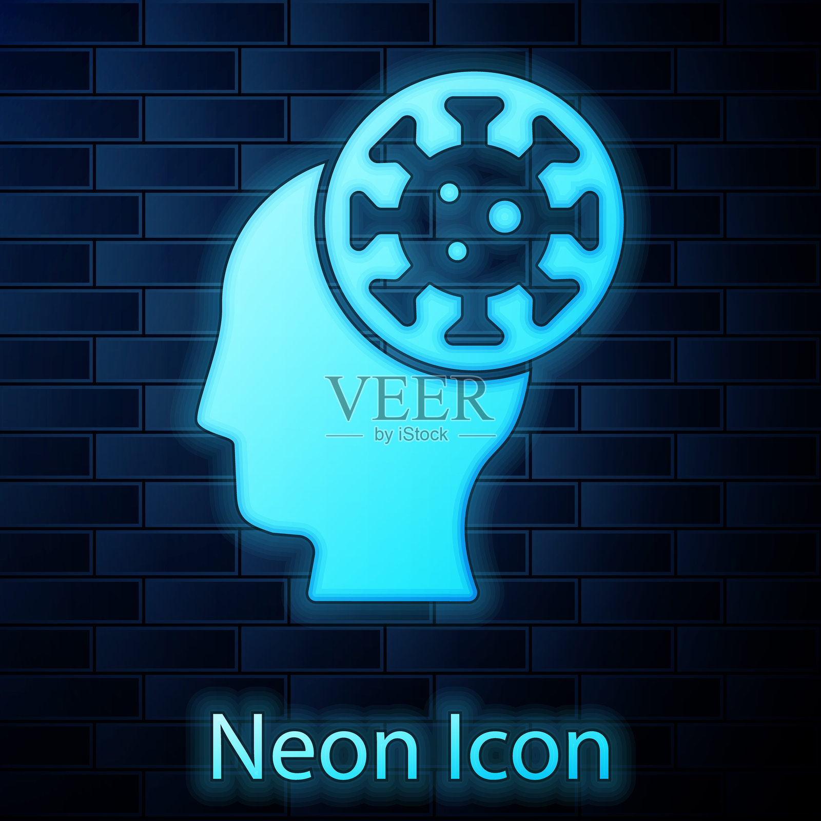 发光的霓虹人类与病毒图标，背景为砖墙。2019-nCoV冠状病毒。细菌和病菌，癌细胞，微生物，真菌。矢量图。插画图片素材
