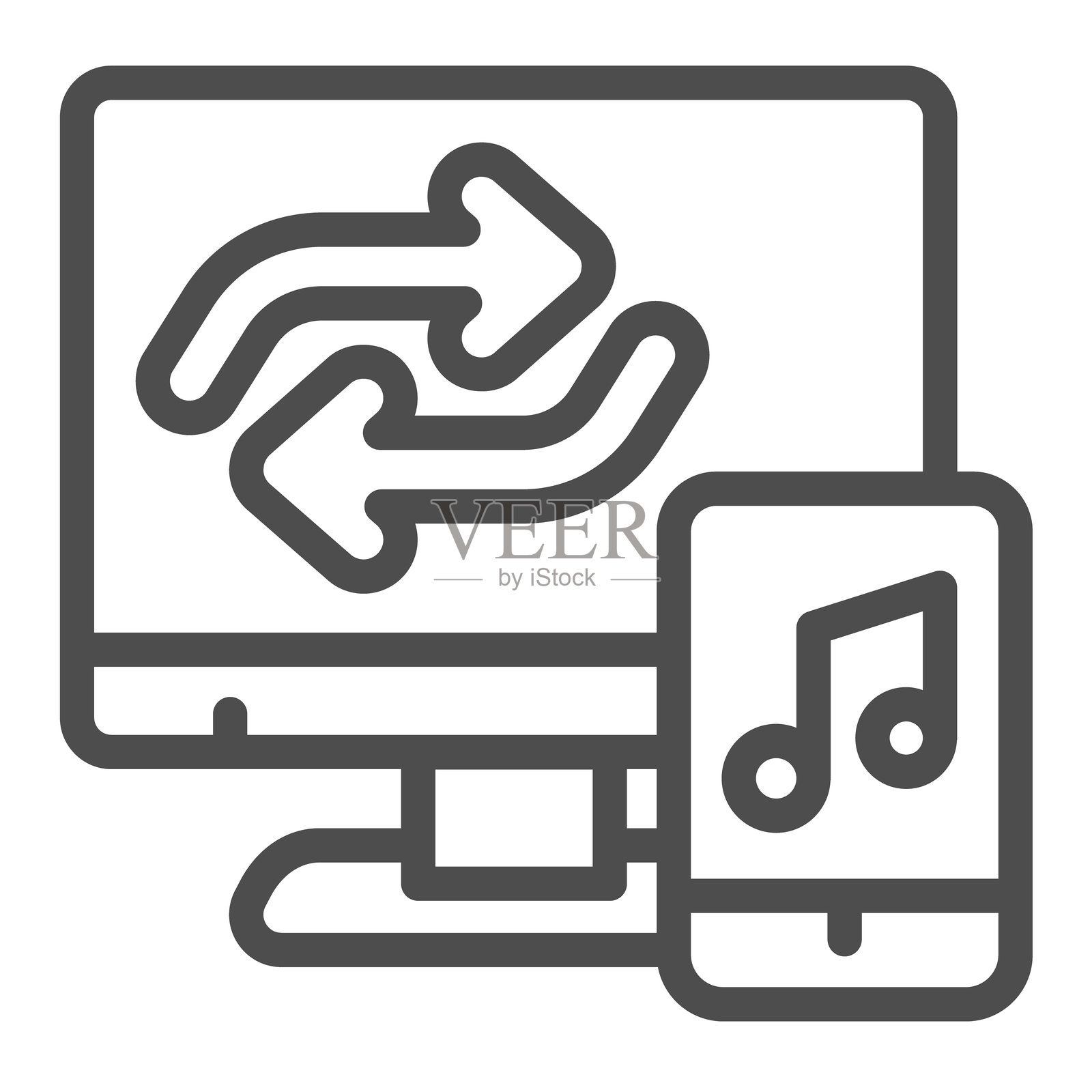 监视器和音乐播放器设备线条图标，数据存储概念。矢量图形。音乐库文件同步和共享标志，白色背景上的轮廓风格图标，适用于移动或网页设计。插画图片素材