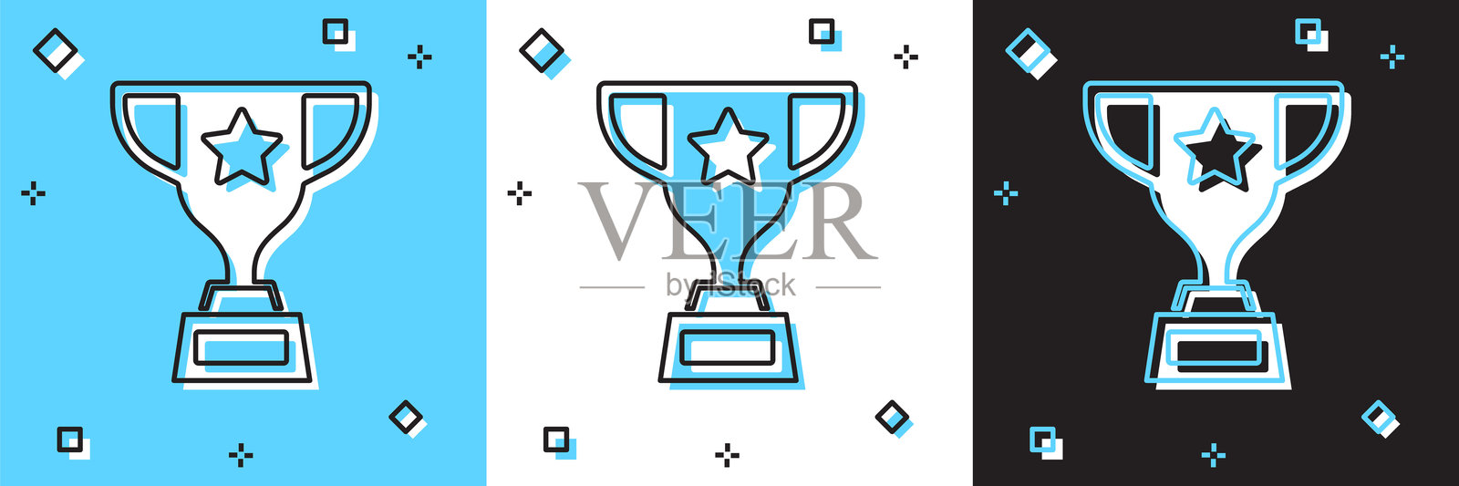 奖杯图标，背景为蓝白色和黑色。获胜者奖杯符号。锦标赛或比赛奖杯。体育成就标志。矢量图。插画图片素材