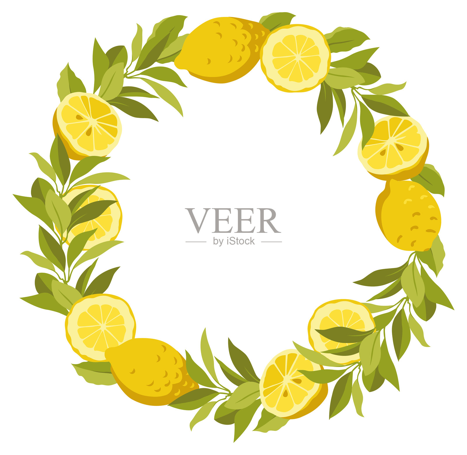 手绘柠檬花环，配有叶子、切片和半个柠檬。夏季柑橘水果系列插画图片素材