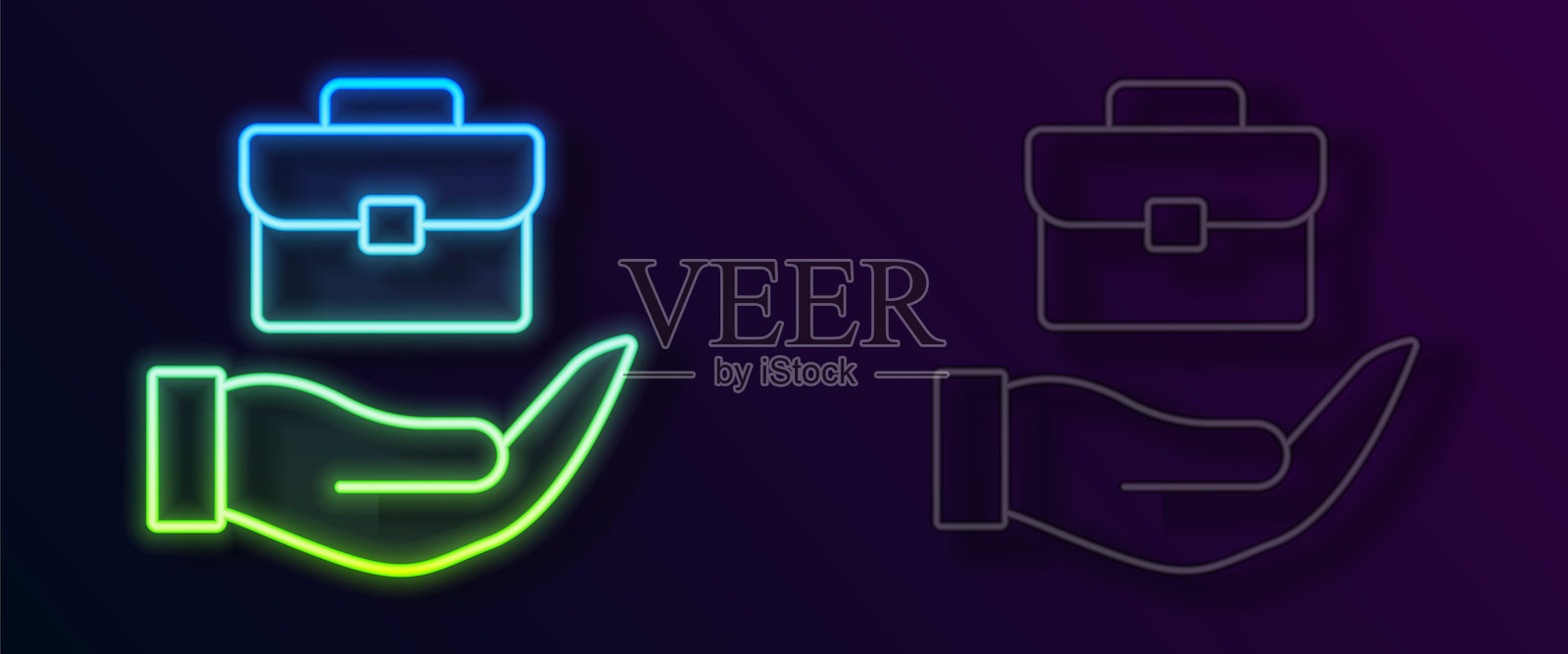 发光的霓虹线条手握公文包图标，背景为黑色。保险概念。安全、保护、保障概念。矢量图。插画图片素材