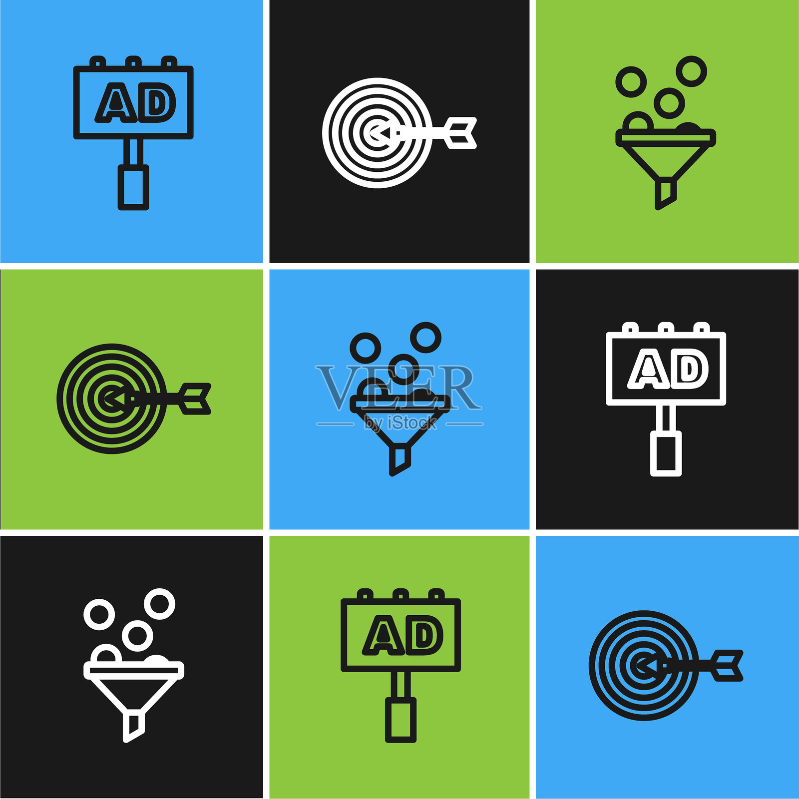 广告、潜在客户管理和目标图标。矢量图。插画图片素材