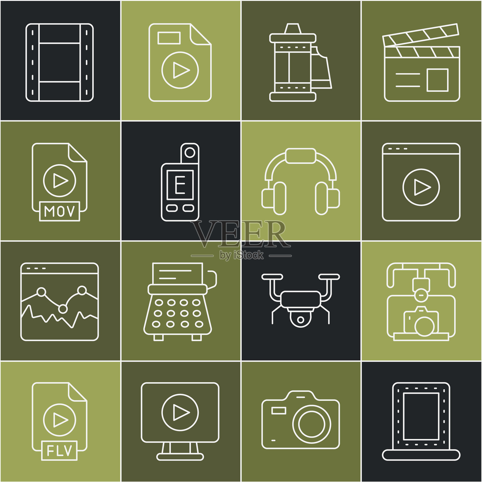带灯的化妆镜、云台稳定器相机、在线视频播放、相机胶卷卡带、光度计、MOV文件文档、播放视频和耳机图标。矢量图。插画图片素材
