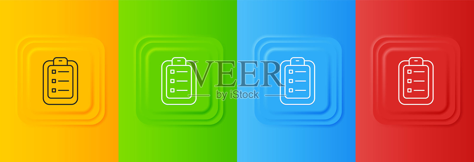 白色待办事项列表或计划图标，背景色彩丰富。方形按钮中的图标集合。矢量图。插画图片素材