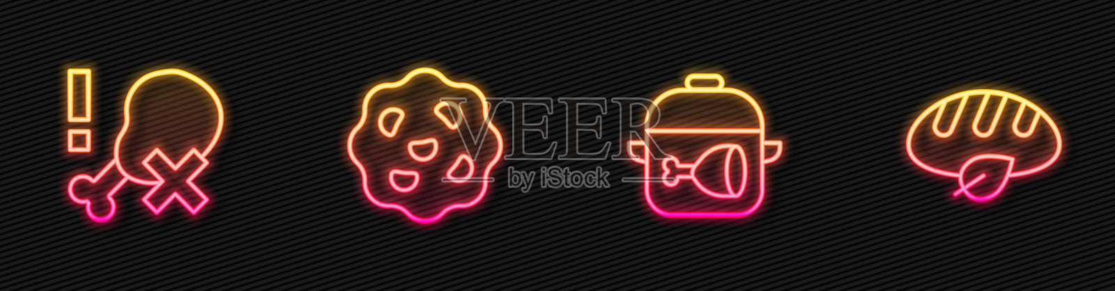烹饪锅和鸡腿，饼干或饼干和素食面包。发光的霓虹图标。矢量图。插画图片素材