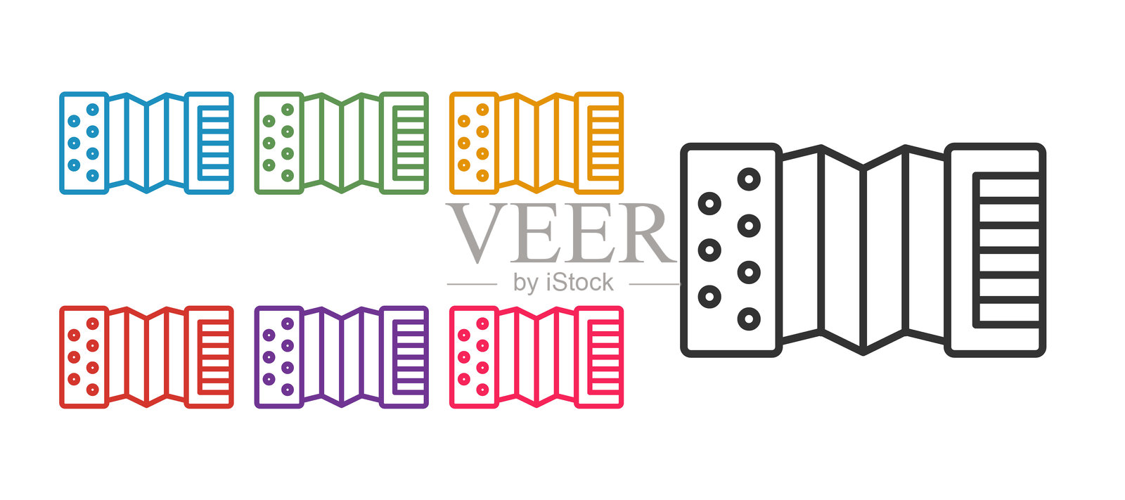 手风琴图标集，背景为白色。经典的巴扬，和声。彩色图标集。矢量图。插画图片素材