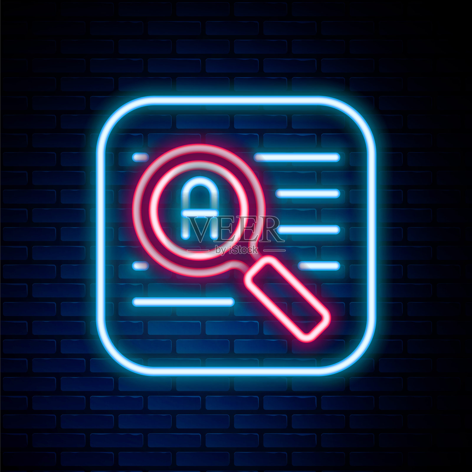发光的霓虹线翻译器图标，背景为砖墙。外语对话图标在聊天气泡中。翻译概念。彩色轮廓概念。矢量图。插画图片素材