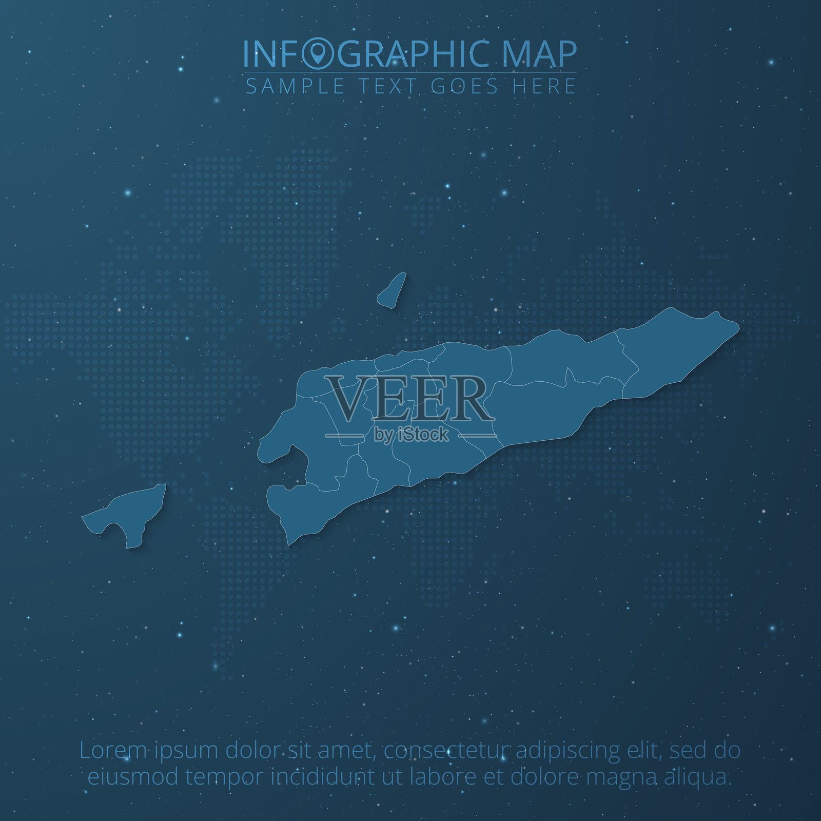 东帝汶或东帝汶地图高细节，深蓝色背景上分隔所有州插画图片素材