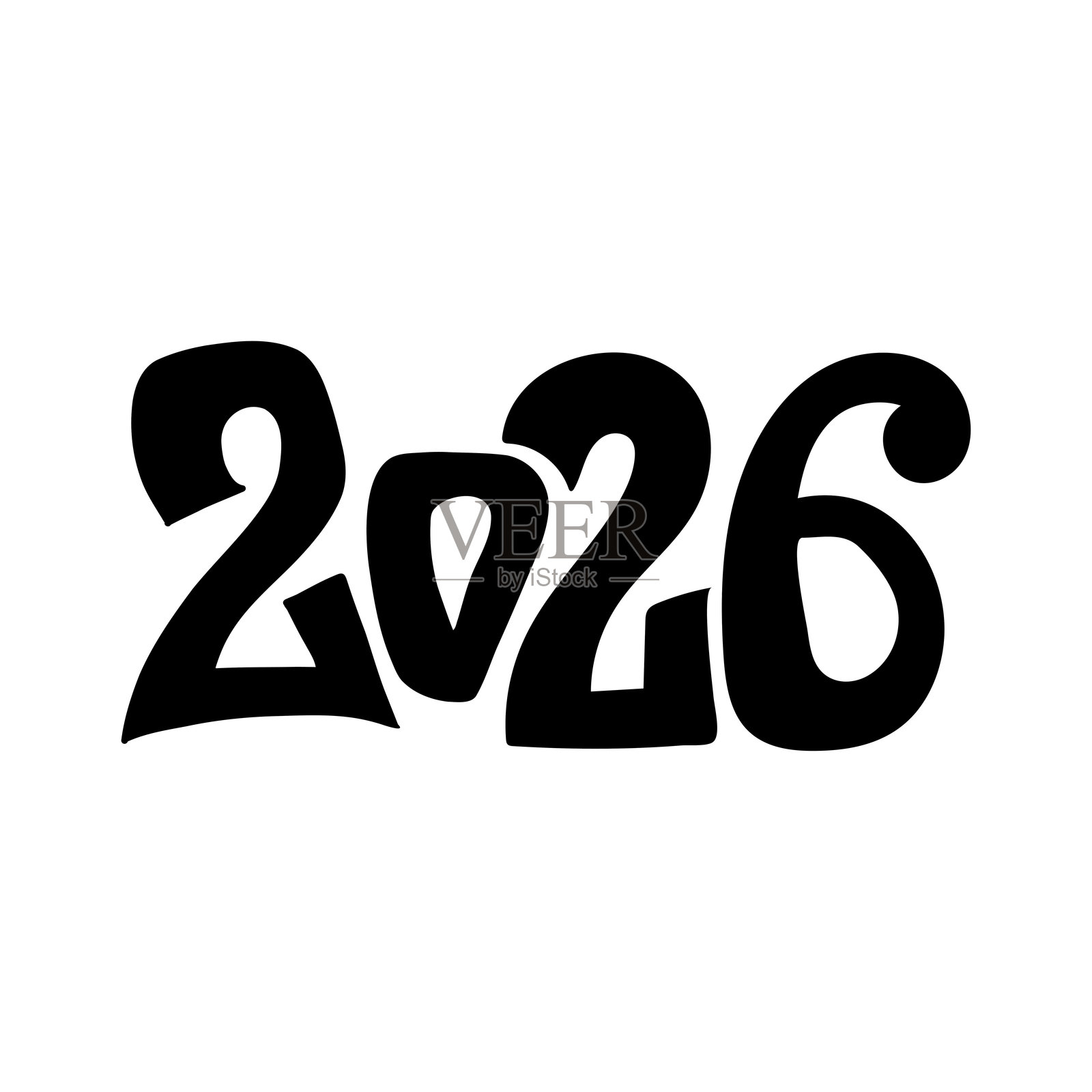 俏皮手绘风格的黑色“2026”字母，适合用于新年、日历或庆祝设计元素。插画图片素材