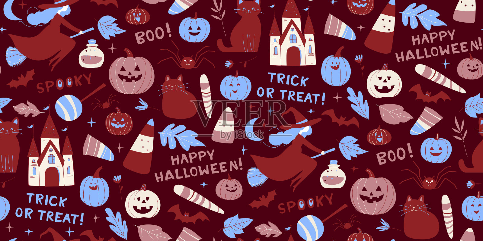 万圣节无缝图案，背景为深红色，包含女巫、猫、南瓜和糖果插画图片素材