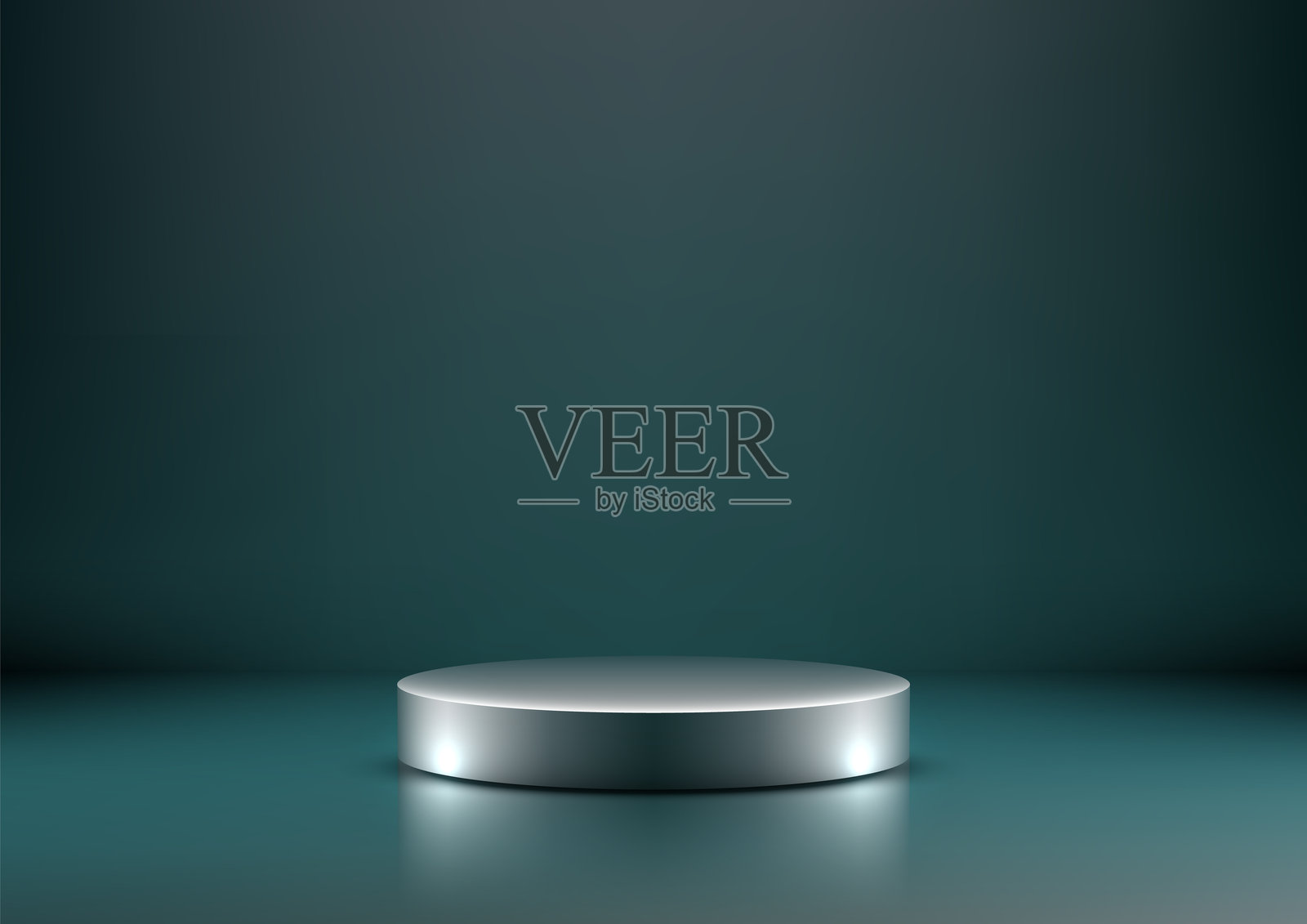 现代风格的简约银色讲台，背景为深绿色，适合产品展示和模型展示，带有青色反射和优雅的圆柱形状，独立于工作室场景中。插画图片素材