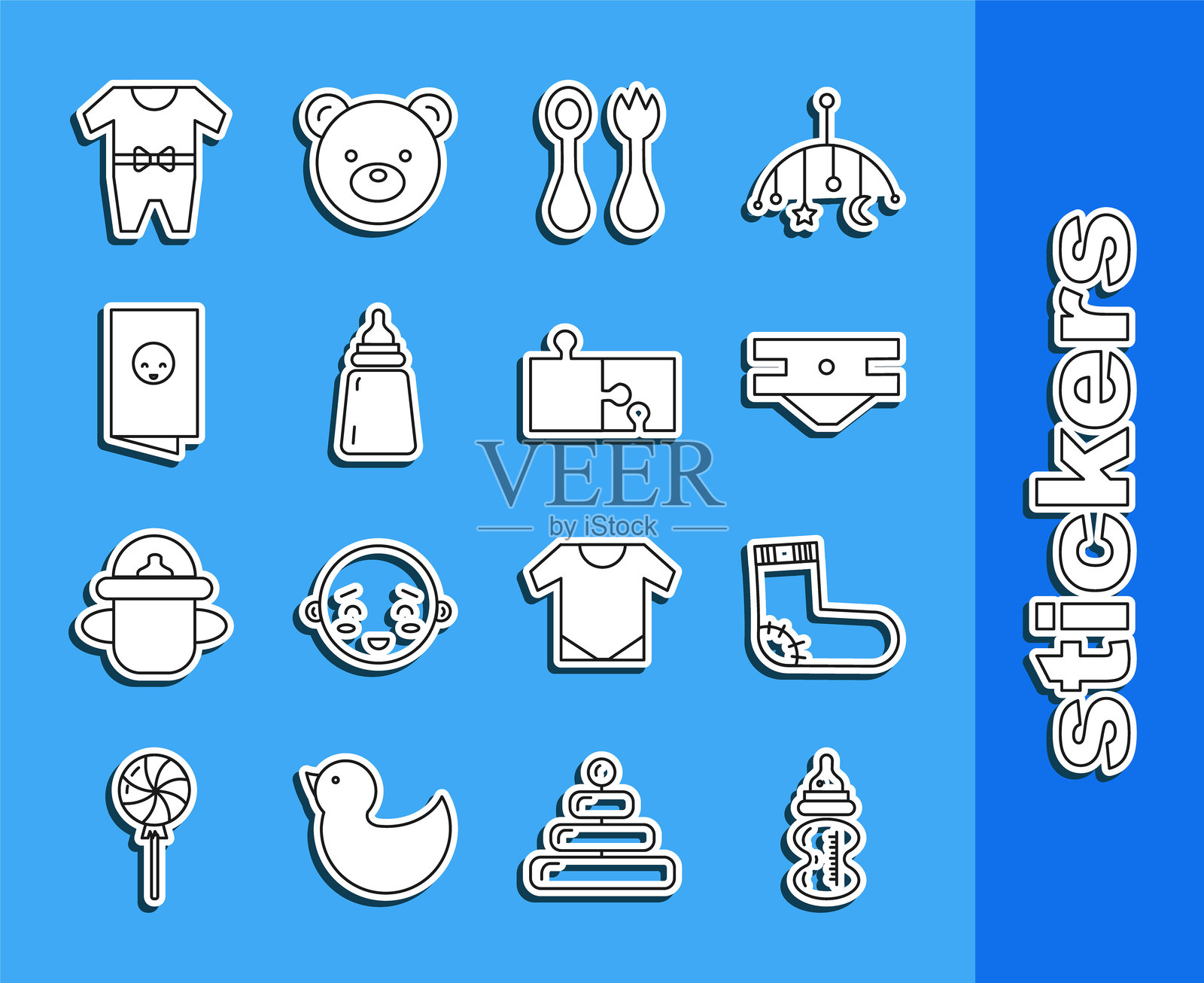 婴儿奶瓶、袜子衣物、吸水尿布、带叉和勺的餐具、洗澡邀请卡、海报和拼图图标。矢量图。插画图片素材