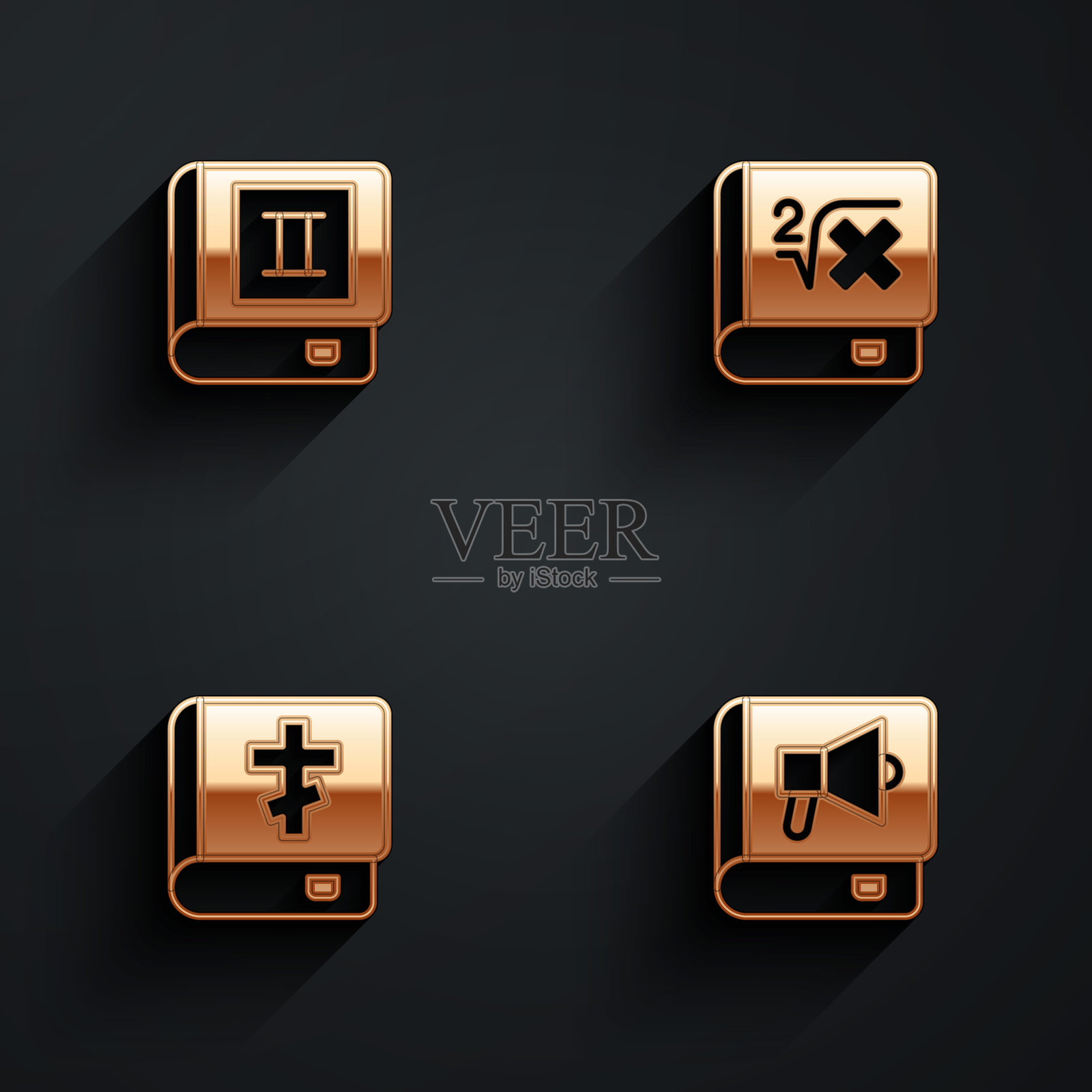 数学书、圣经书籍和带长阴影的图标。矢量图。插画图片素材