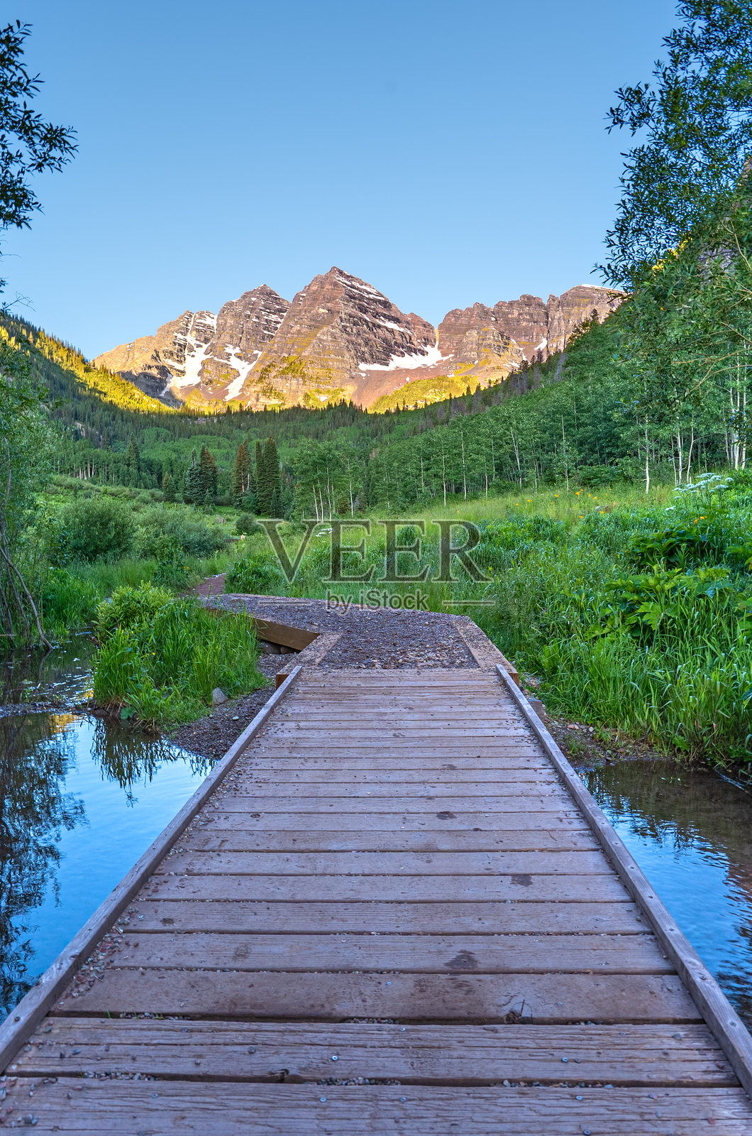 著名的马鲁恩钟楼和夏季野花，位于美国科罗拉多州中部阿斯彭雪堆村地区的壮丽落基山脉中照片摄影图片