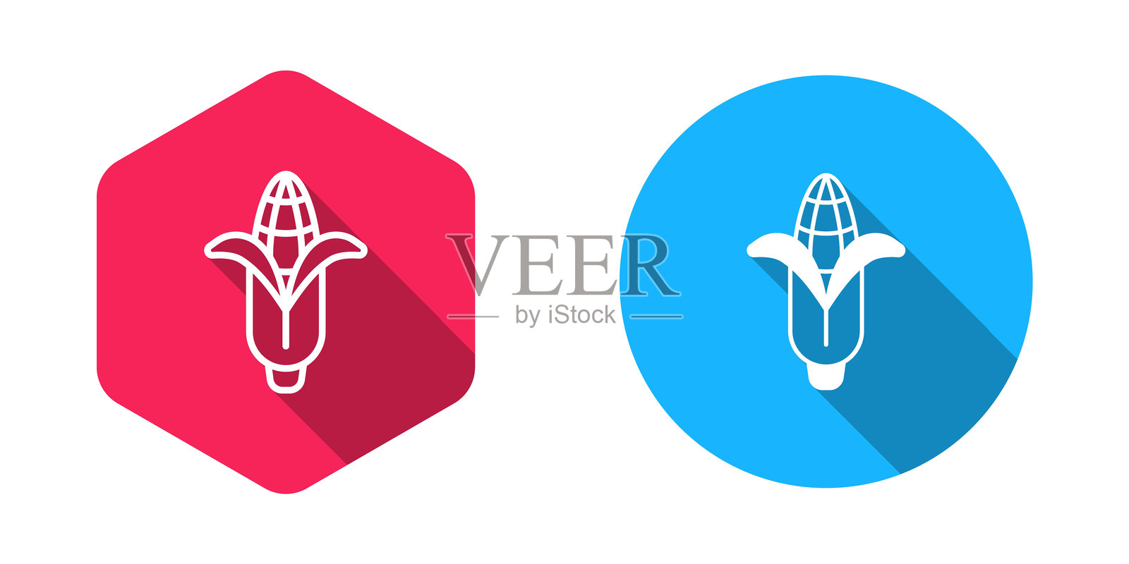 填充和轮廓玉米图标，带有长阴影背景。矢量图。插画图片素材