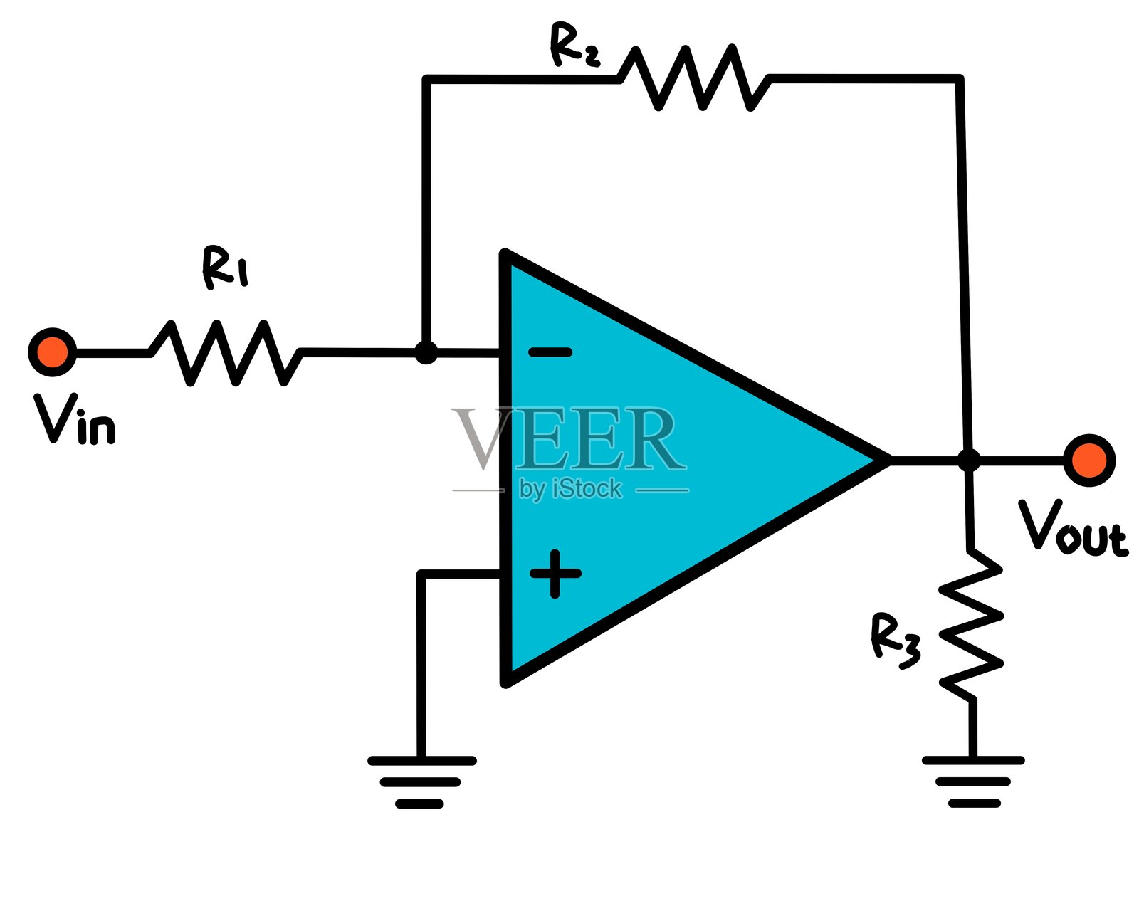 带负载电阻的运算放大器反相放大器电路图插画图片素材