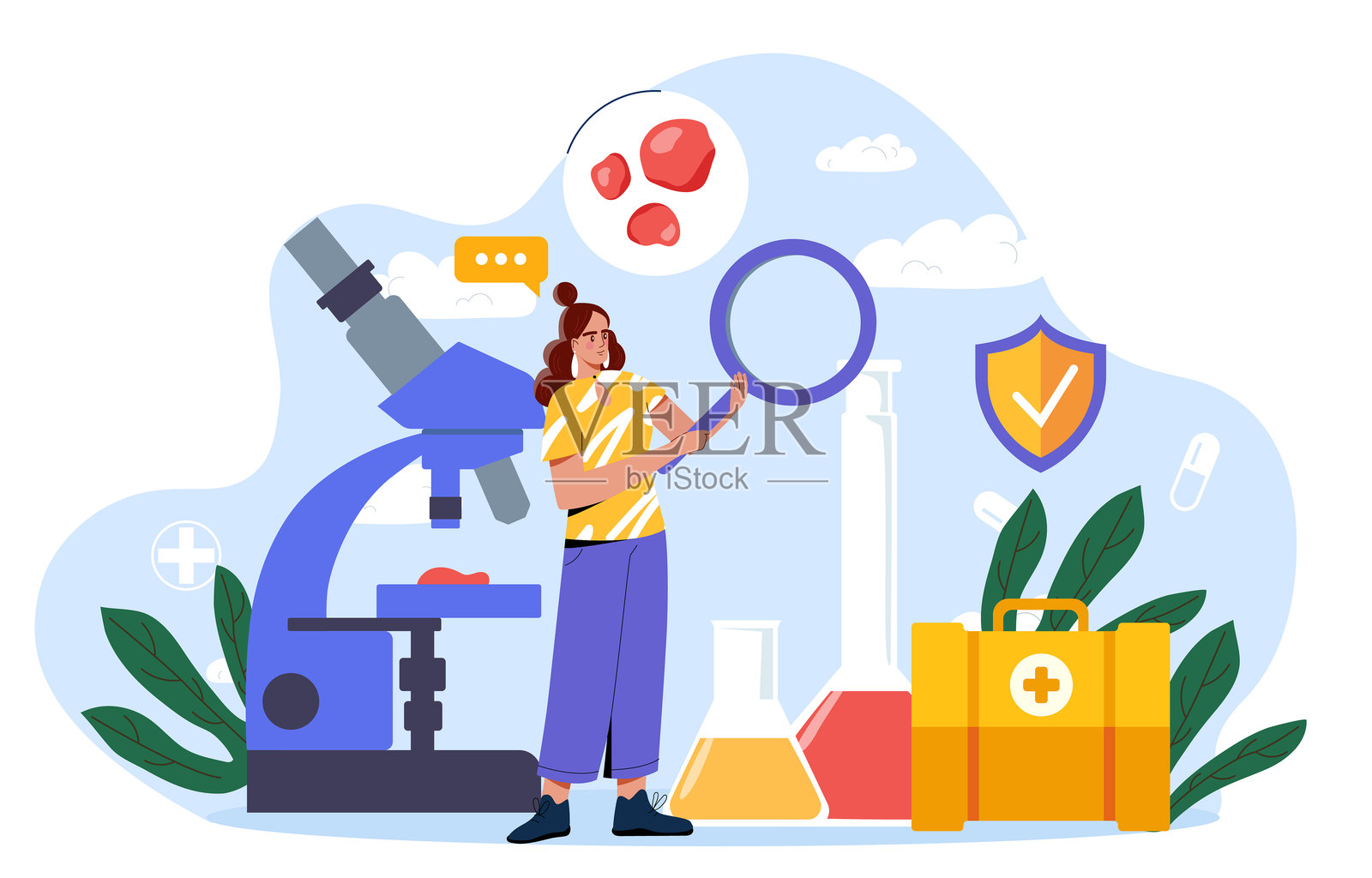 女性科学家分析细胞插图。矢量插图插画图片素材