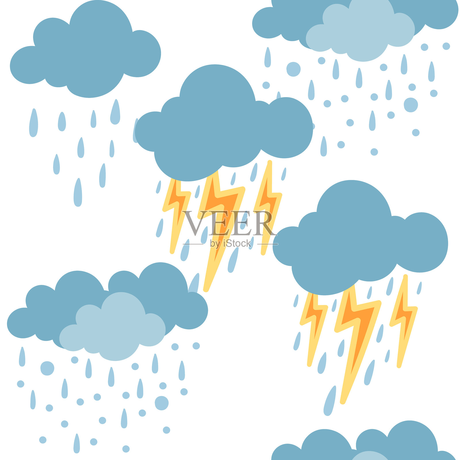无缝的雨雪云朵和雷电图案矢量插图，背景为白色插画图片素材