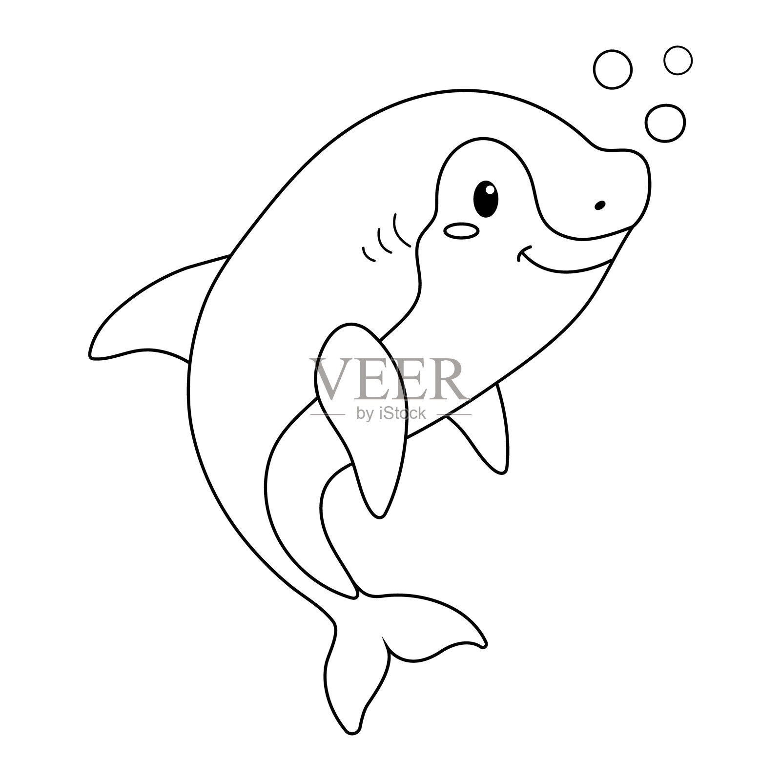 可爱的卡通海豚在水下微笑，周围有气泡，背景是充满趣味的海洋场景，采用涂鸦风格。插画图片素材