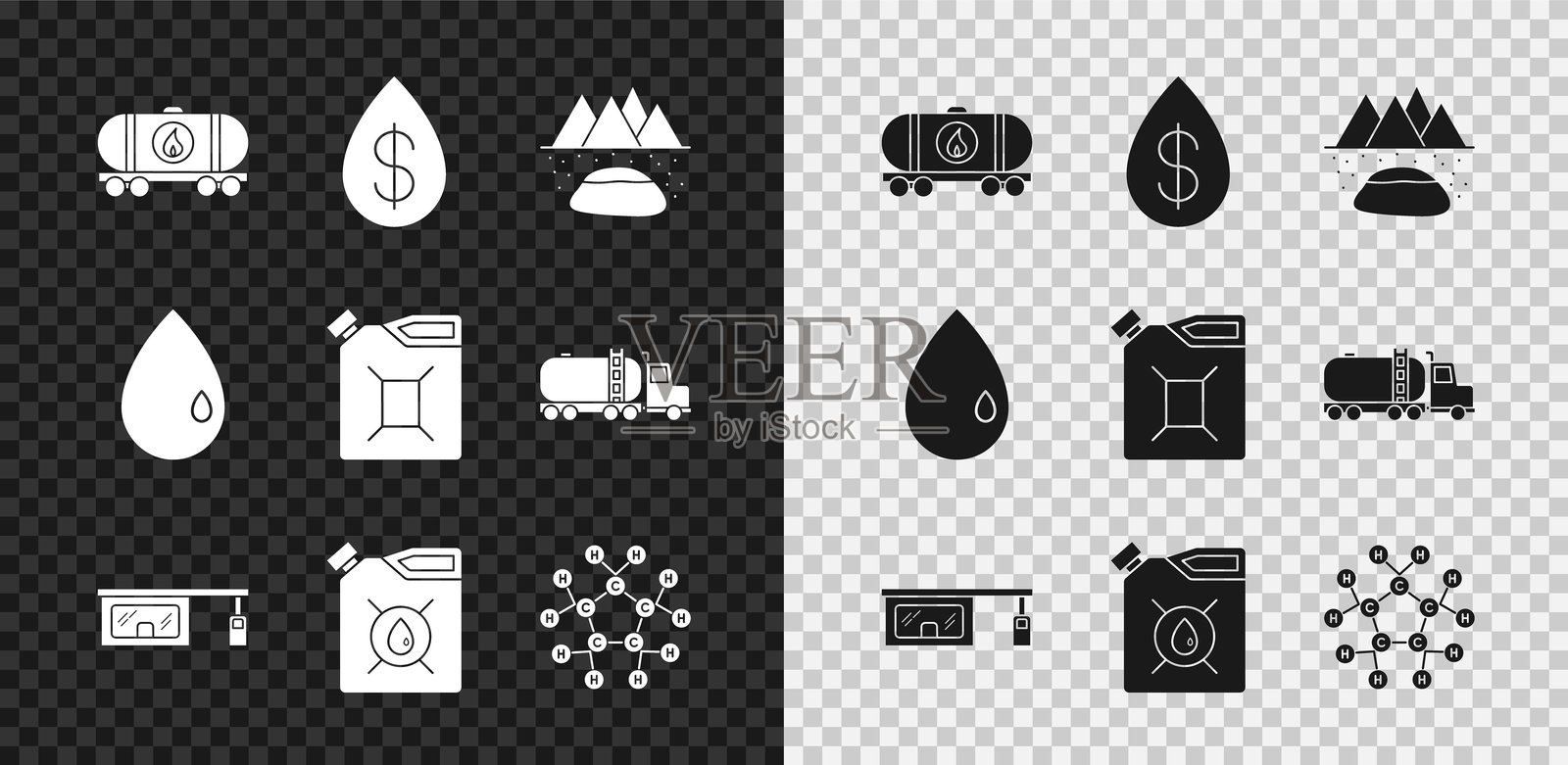 油罐铁路车，掉落的美元，油田，加油站，机油罐，分子和汽油图标。矢量图。插画图片素材