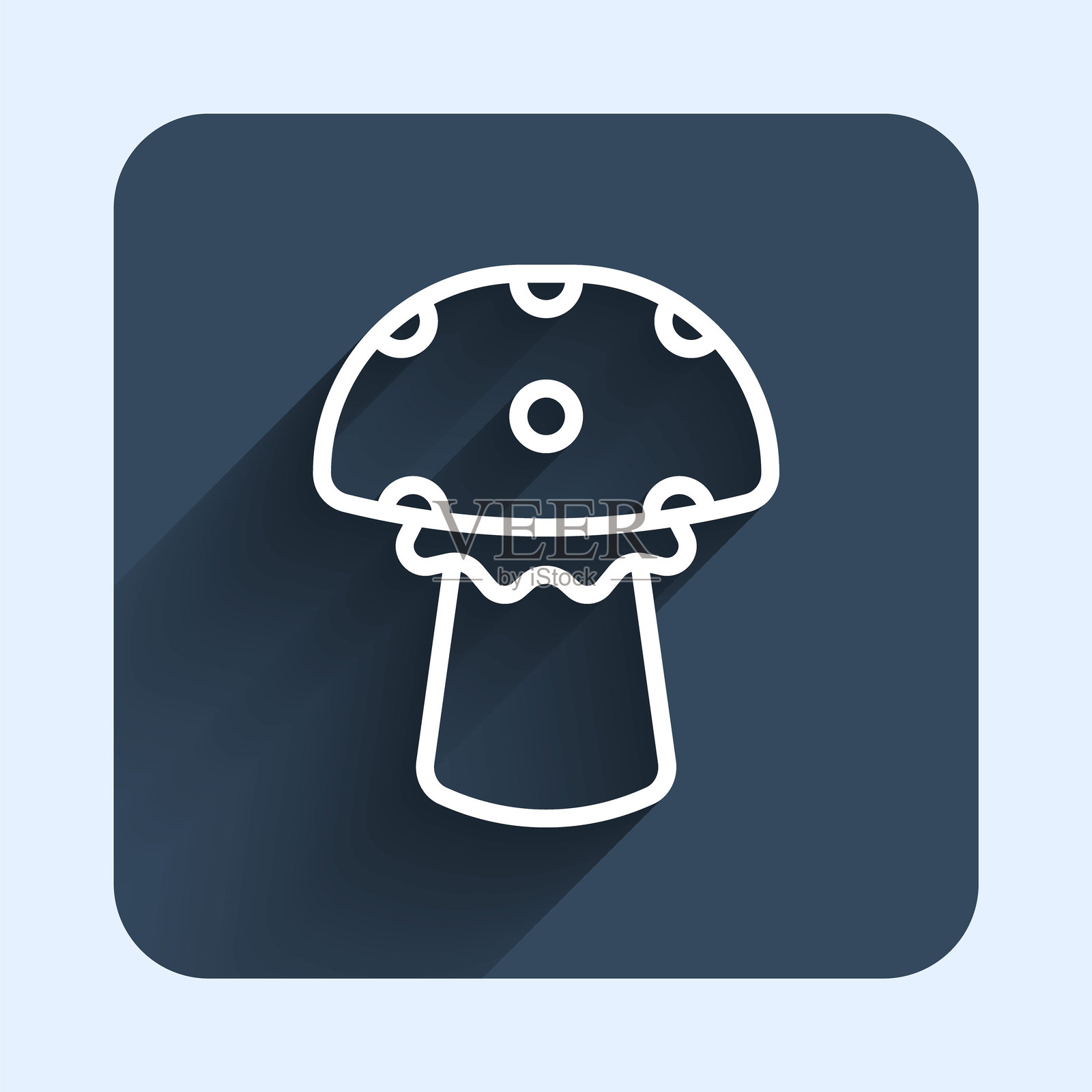 白色蘑菇图标，带有长阴影背景。蓝色方形按钮。矢量图。插画图片素材