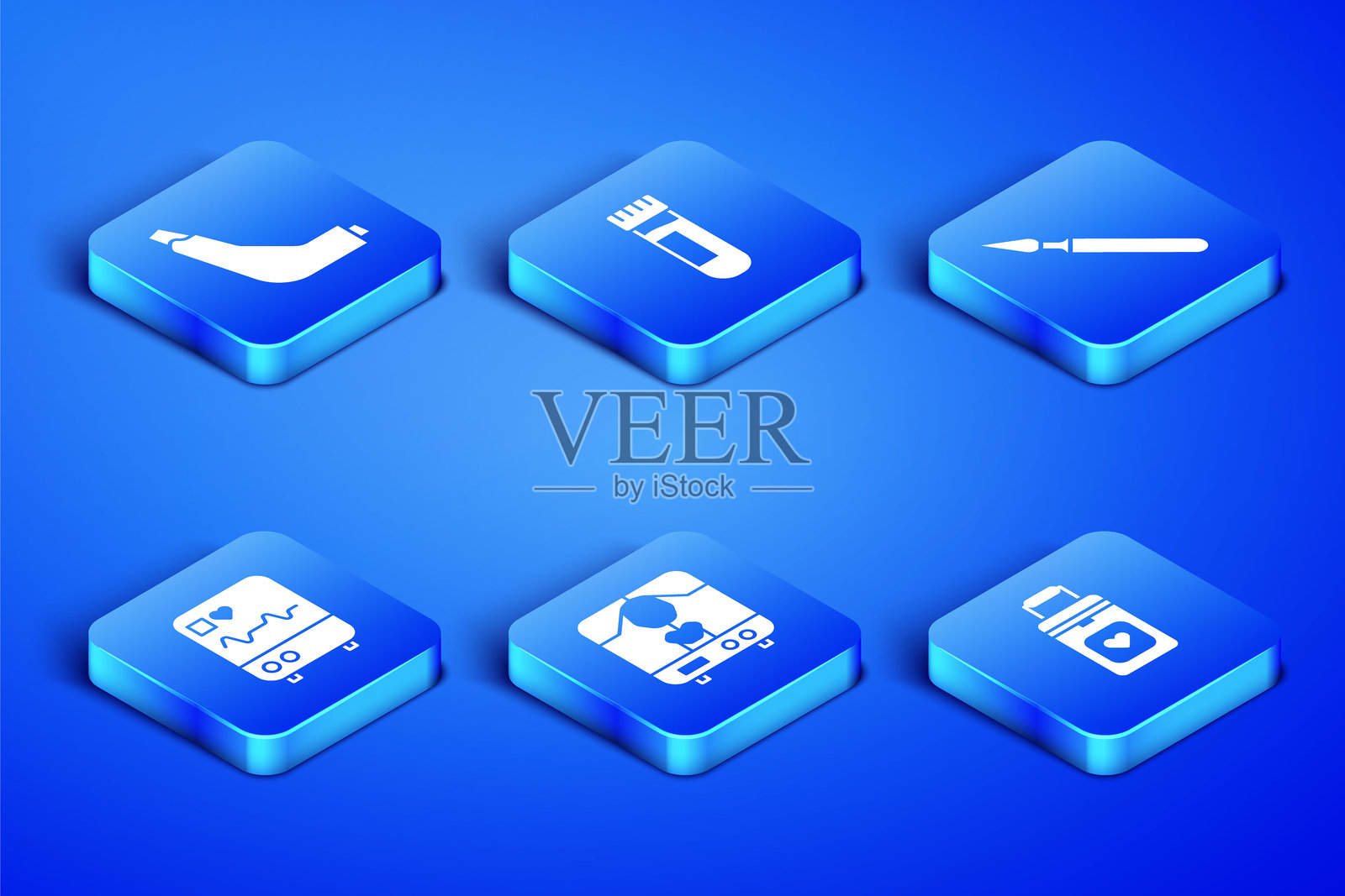 医疗器械图标：组织容器、吸入器、X光机、心电图监视器、试管血液和外科手术刀。矢量图。插画图片素材