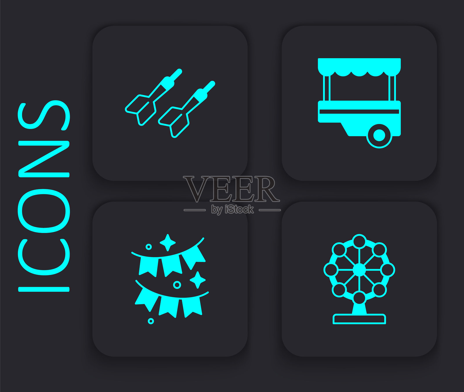 摩天轮、飞镖箭、快速街头小吃车和带旗帜的嘉年华花环图标。黑色方形按钮。矢量图。插画图片素材