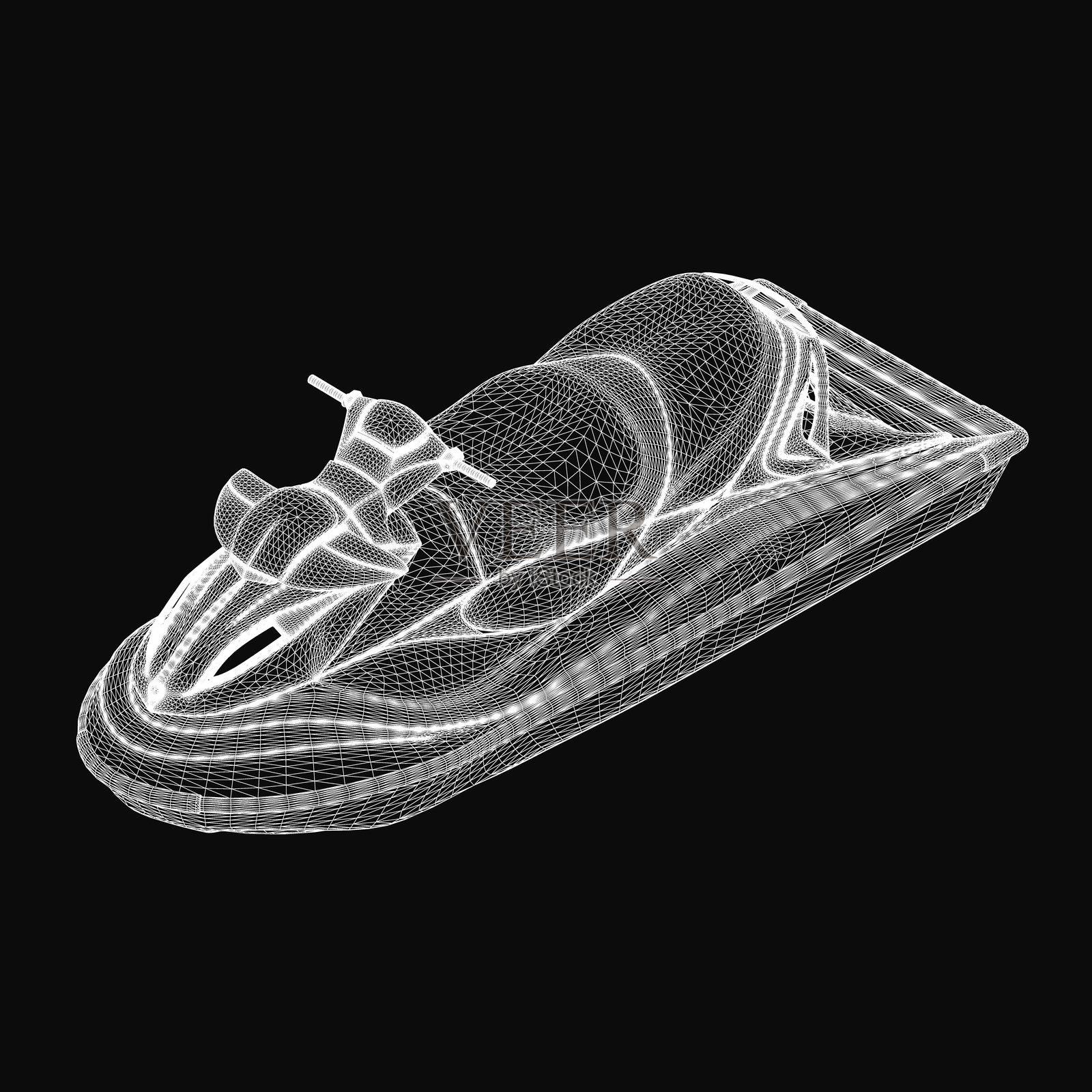 一款流线型的3D线框摩托艇模型漂浮在黑色背景上，展示了复杂的设计细节。这款水上滑板车具有逼真的轮廓和未来感的美学，完美适合科技主题。插画图片素材
