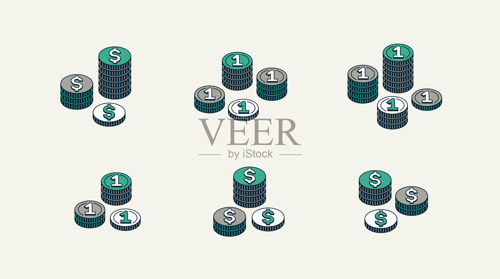 硬币矢量图集，现金堆图标或插图，3D等距风格，成功或赌场游戏主题，宝藏。插画图片素材