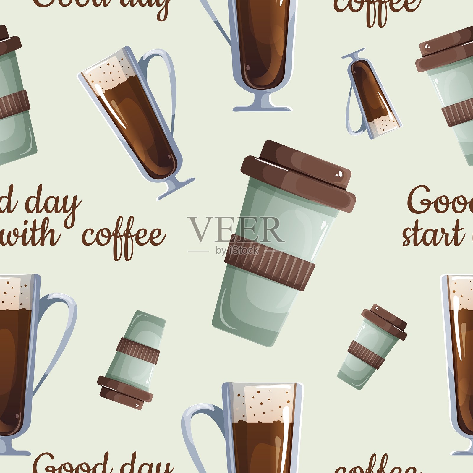 咖啡主题的图案插图，背景为浅色。背景设计包含环保和玻璃咖啡杯。插画图片素材