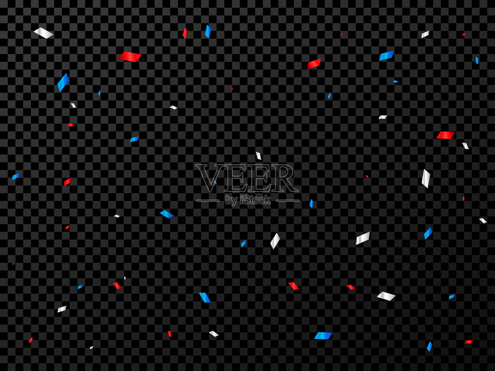 白色和蓝色，红色五彩纸屑在深色透明背景上。祝贺壁纸。庆祝派对横幅。生日快乐。美国国旗色彩概念。矢量插图插画图片素材