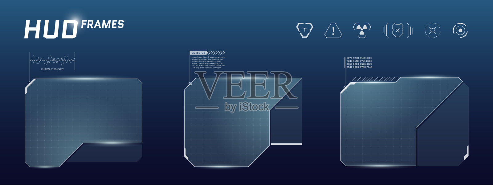 赛博朋克仪表盘，带有白色和蓝色的HUD面板、UI按钮和下方信息条。未来科技布局，适用于在线游戏屏幕、玩家信息或科幻虚拟直播叠加。插画图片素材