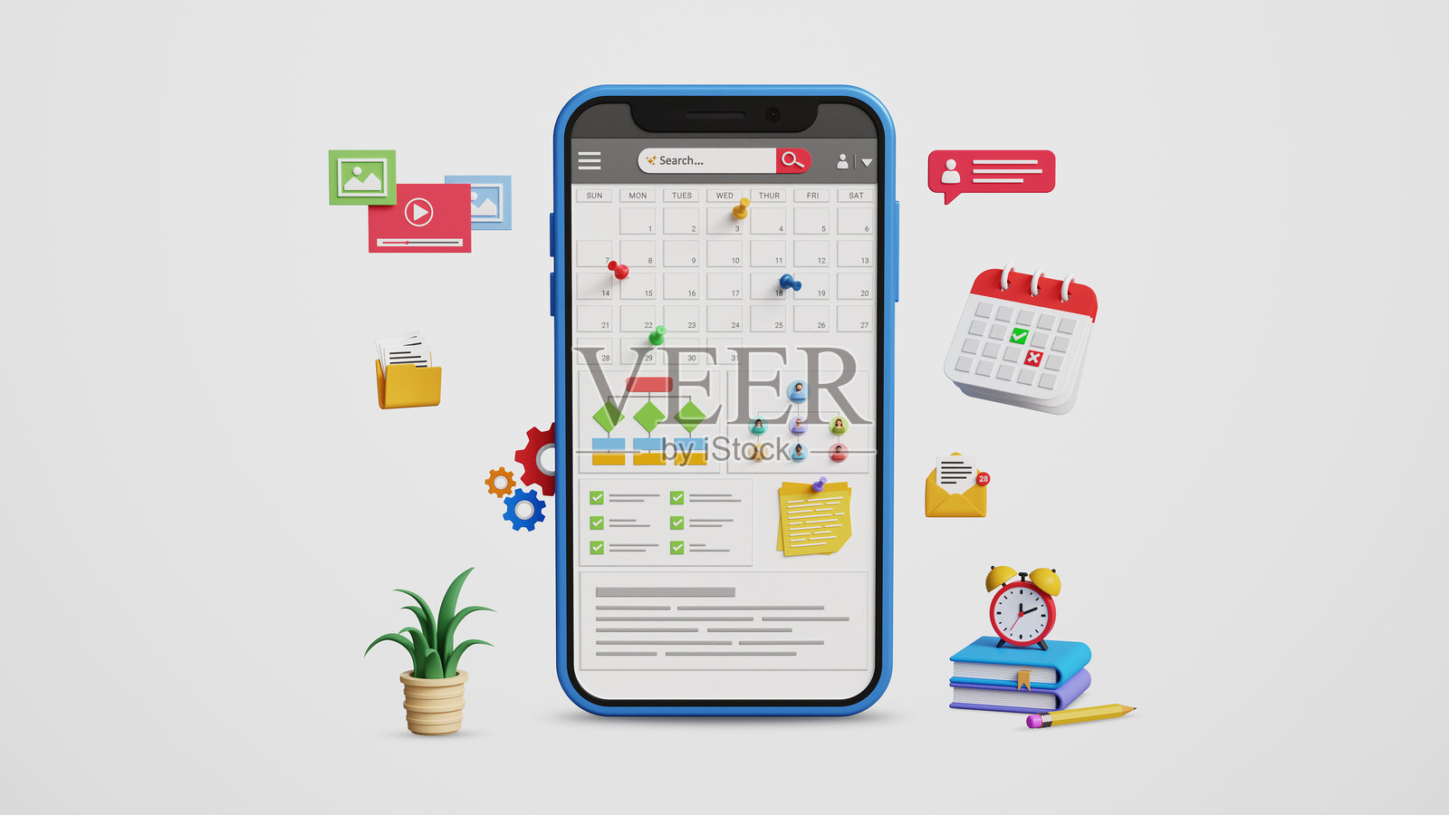 组织日程和项目，日程规划管理概念。数字日历软件，工作时间管理，会议，约会。手机上的日历仪表板。3D插图照片摄影图片