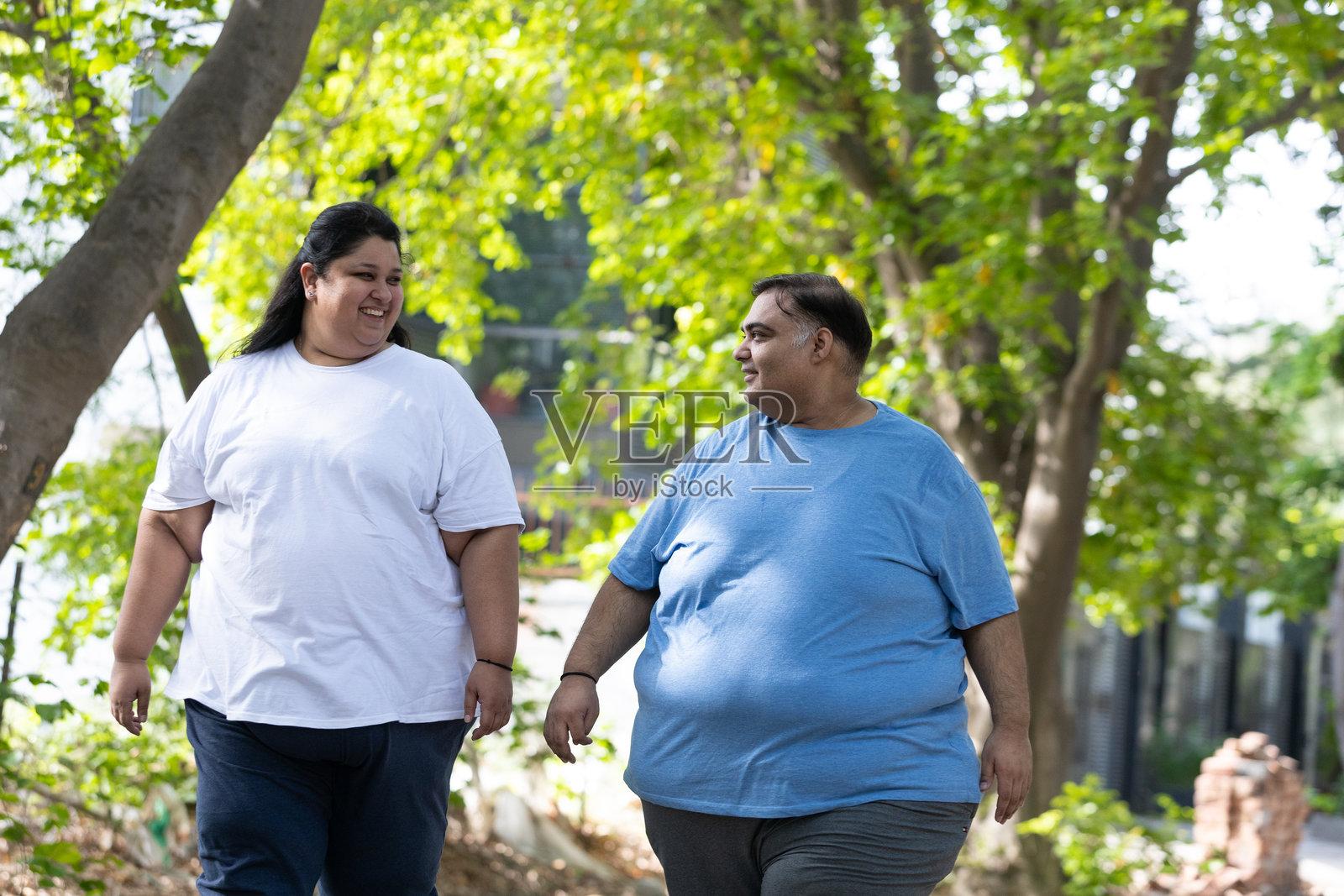 肥胖概念 - 印度夫妇在夏季公园一起散步以减肥。胖朋友的健身与健康生活方式。户外的胖男和胖女。照片摄影图片