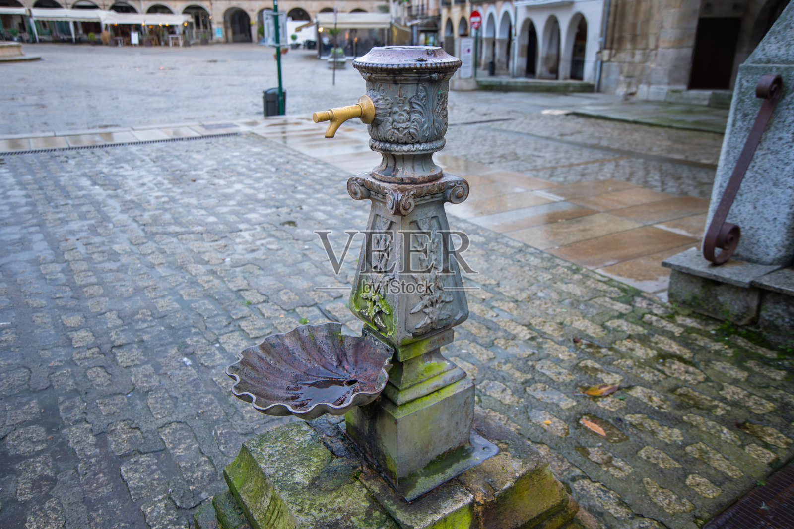 西班牙特鲁希略主广场的华丽公共喷泉细节。照片摄影图片