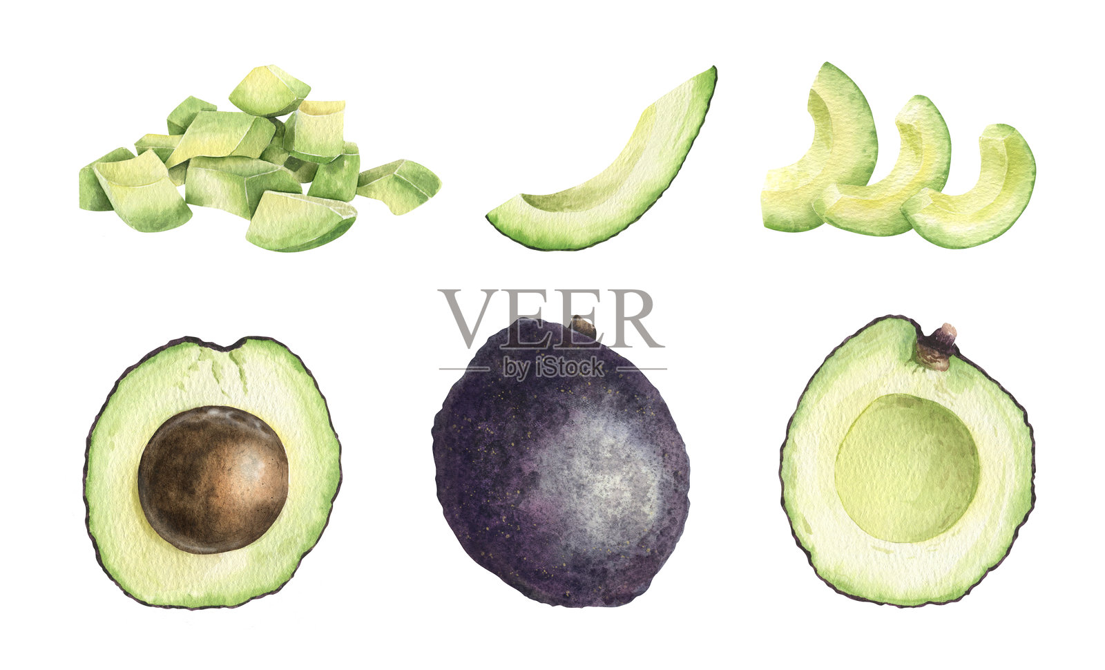 哈斯鳄梨水彩画，包含半个水果、完整的成熟鳄梨、切片和果肉。手绘的成熟蔬菜插图，适用于菜单、食品包装、化妆品、卡片和食谱。插画图片素材