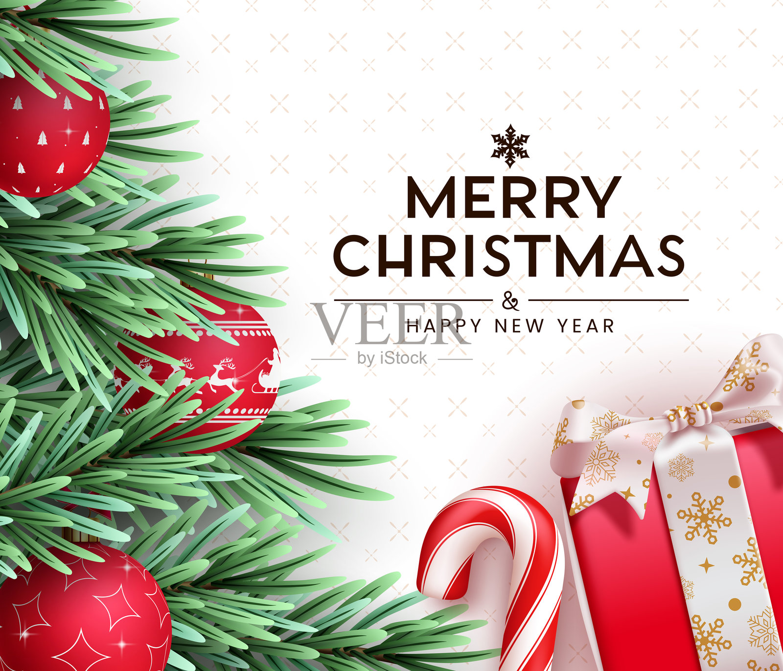 圣诞快乐问候剪贴画边框设计。带有松树叶的圣诞快乐和新年快乐贺卡模板。插画图片素材