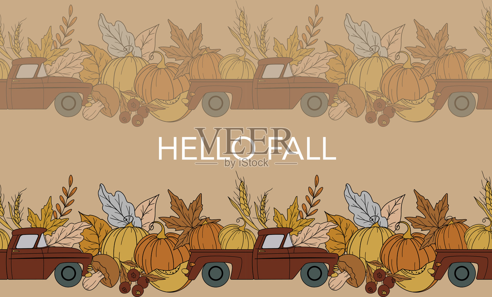 秋季无缝设计。你好，秋天海报。横向秋季背景。秋季线条艺术绘画。秋季植物花环无缝。边框框架插画图片素材