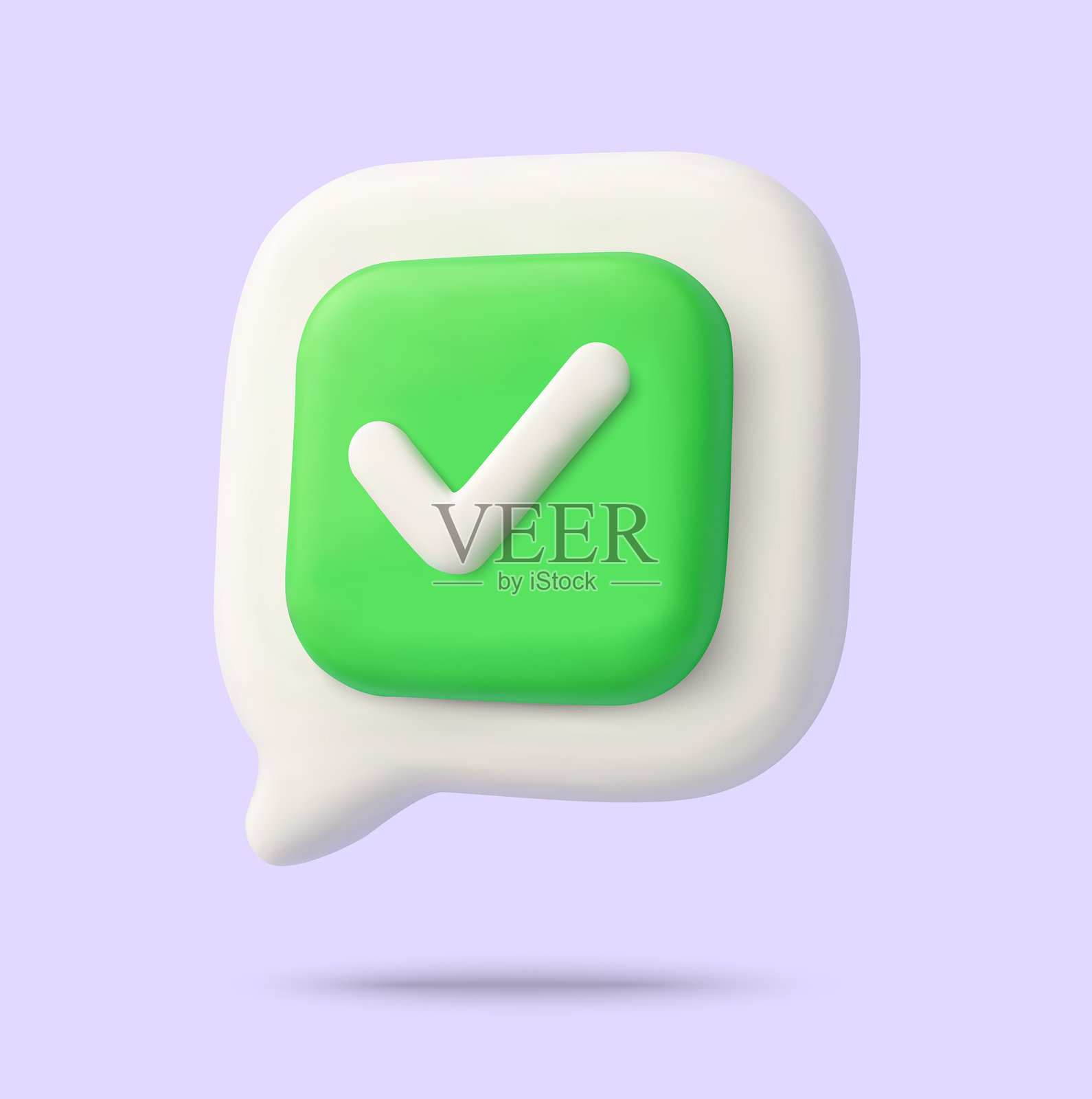 3D 聊天气泡与绿色勾选框或勾号，背景独立。3D 向量聊天气泡复选框图标。插画图片素材