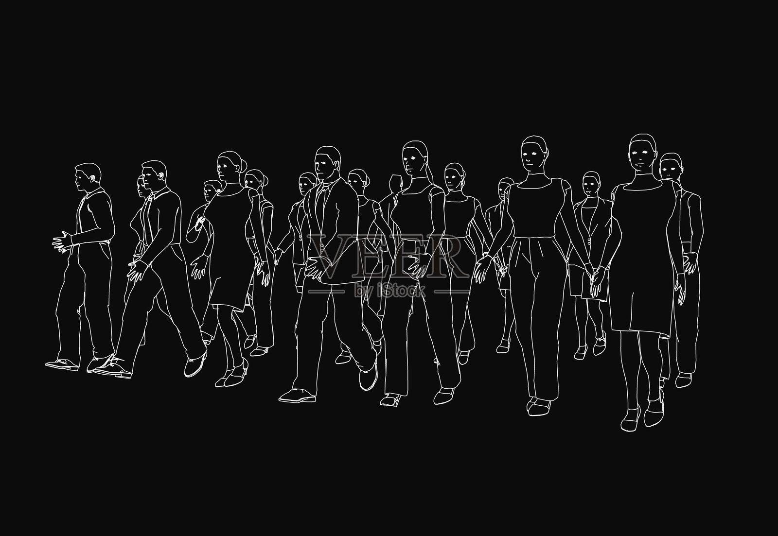 一排人单行走在鲜明的黑色背景下，以简洁的线条艺术表现。极简风格强调了运动和团结。非常适合用来描绘团队合作和旅程。插画图片素材