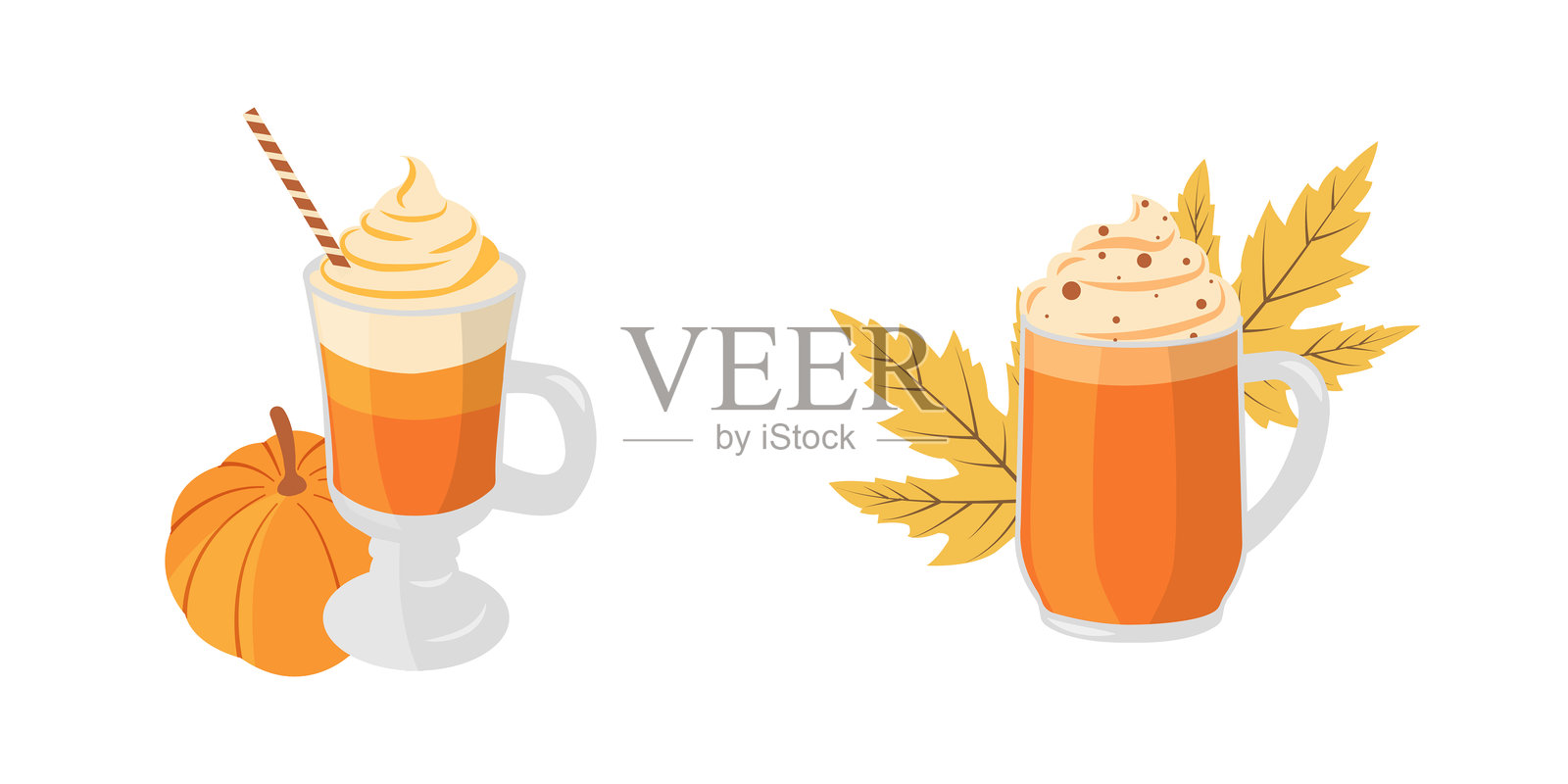 秋季扁平矢量图集，包含南瓜拿铁、秋叶、华夫筒和南瓜。适用于海报和数字内容的手绘秋季插图。插画图片素材