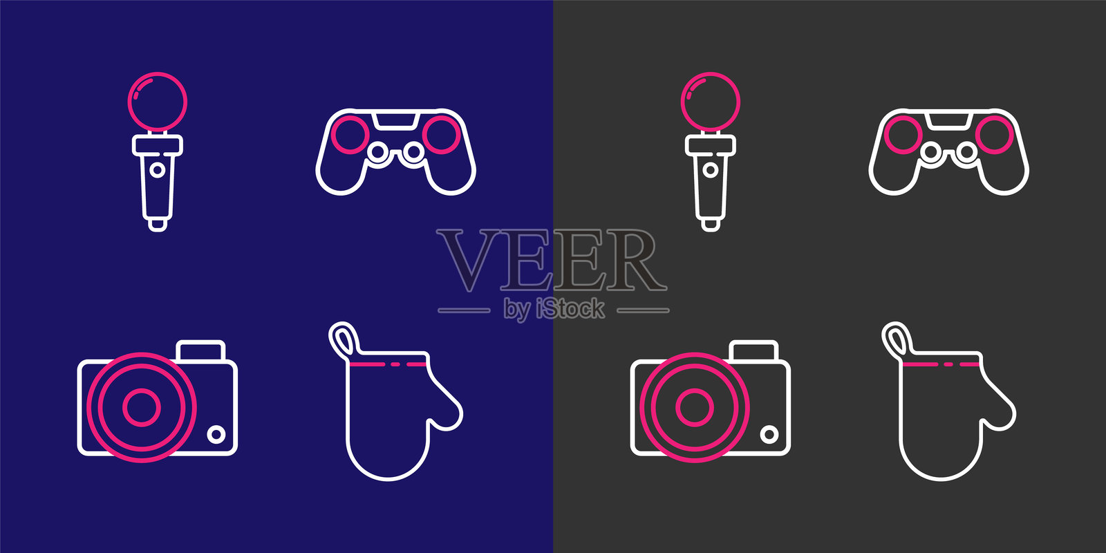 烤箱手套、相机、游戏手柄和街机图标。矢量图。插画图片素材