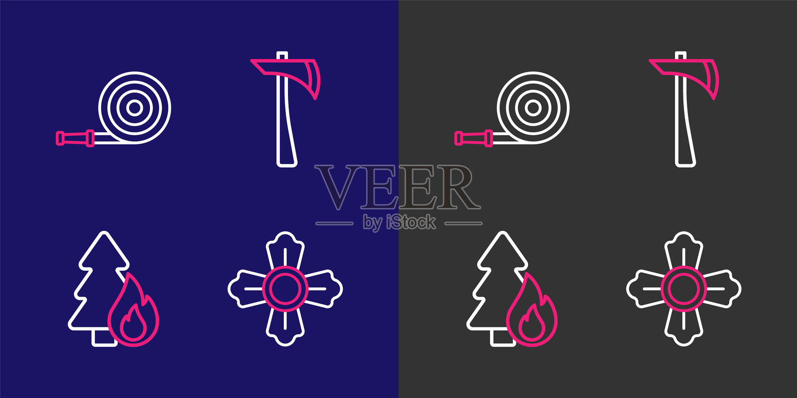 消防员、燃烧的森林树木、斧头和水管卷盘图标。矢量图。插画图片素材