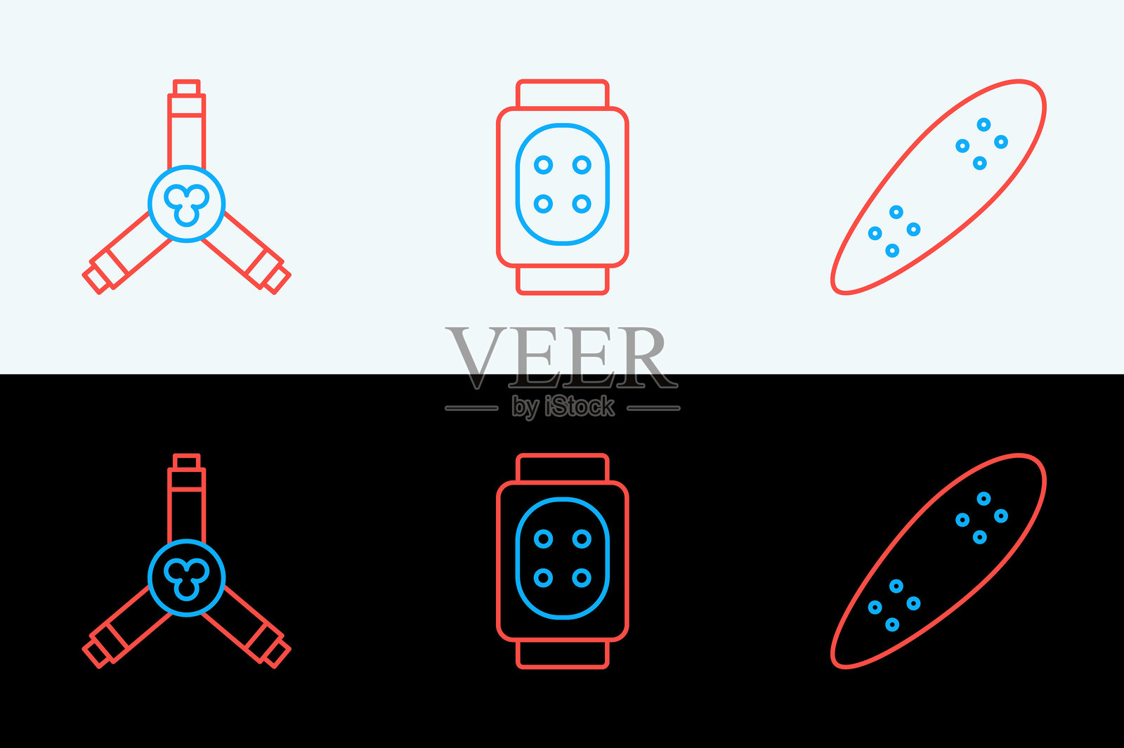 长板或滑板，滑板Y工具和护膝图标。矢量图。插画图片素材