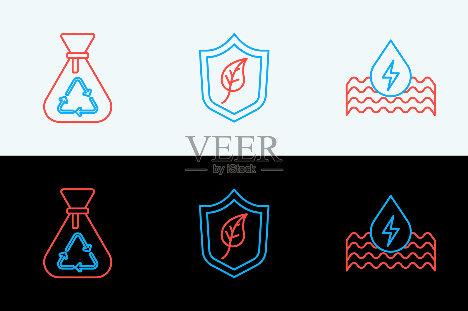 水能线条，带回收标志的垃圾袋和盾形叶子图标。矢量图。插画图片素材