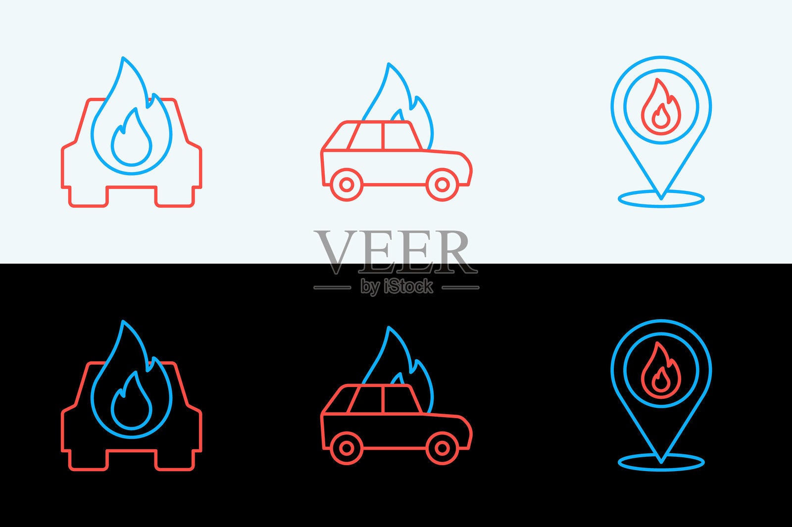 设置带有火焰、燃烧汽车和图标的线路位置。矢量图。插画图片素材