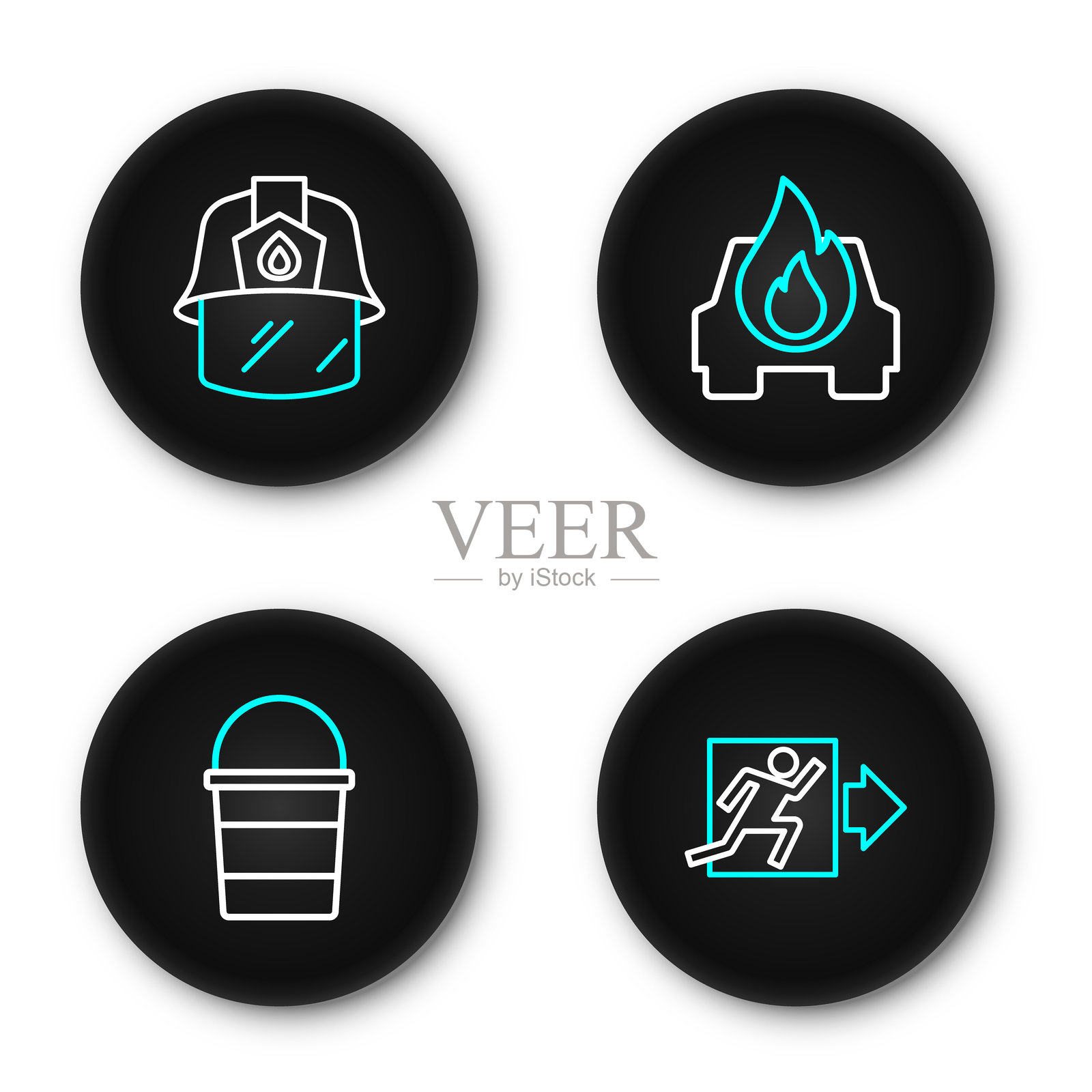 火灾出口、灭火器、燃烧的汽车和消防员头盔图标。矢量图。插画图片素材