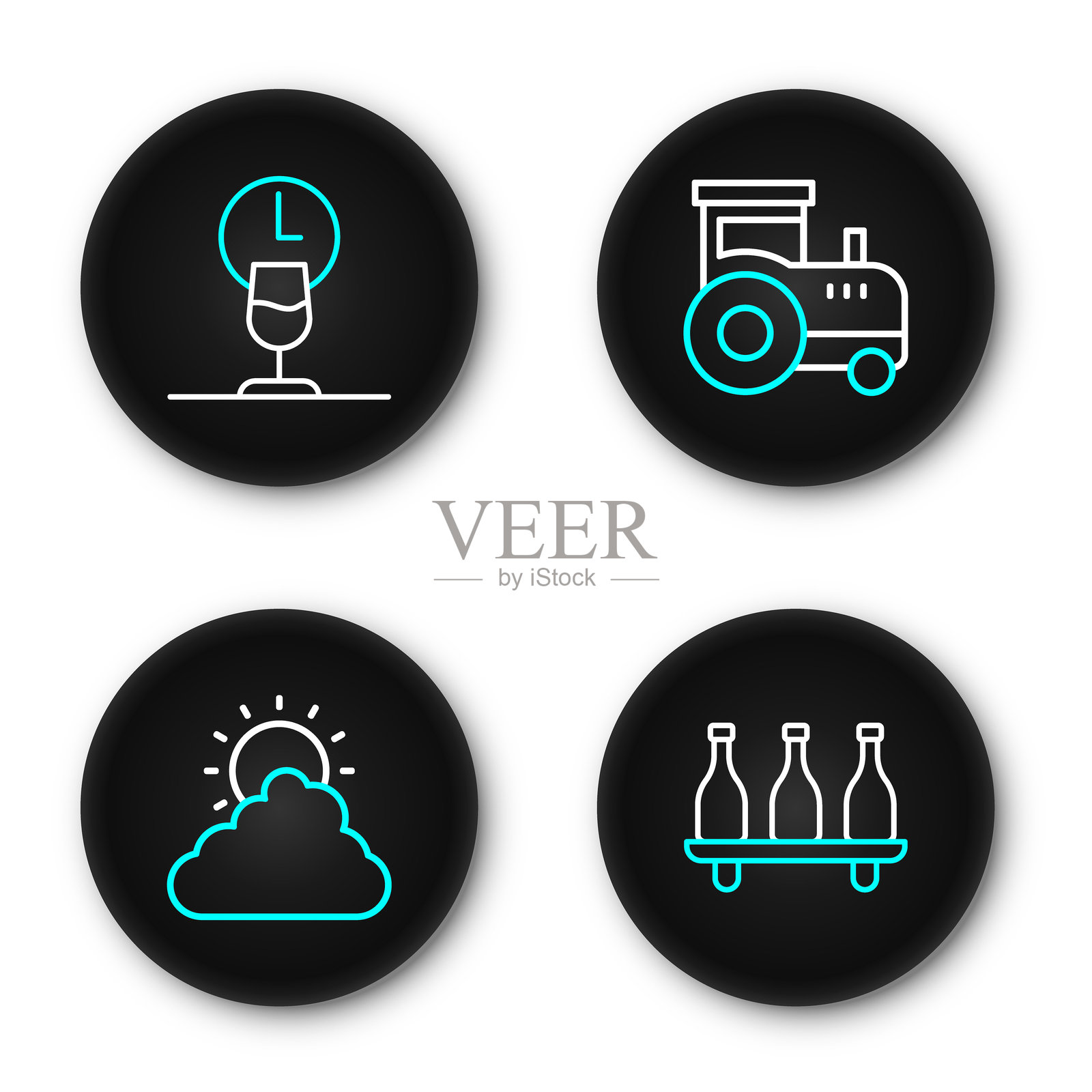 设置线条 葡萄酒瓶、阳光和云朵天气、拖拉机和葡萄酒时间图标。矢量图。插画图片素材